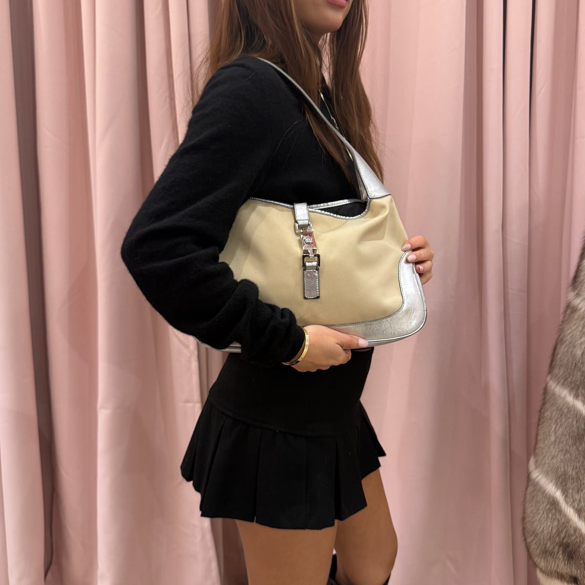 Gucci Beige Canvas & Silver Leather Jackie Bardot Shoulder Bag