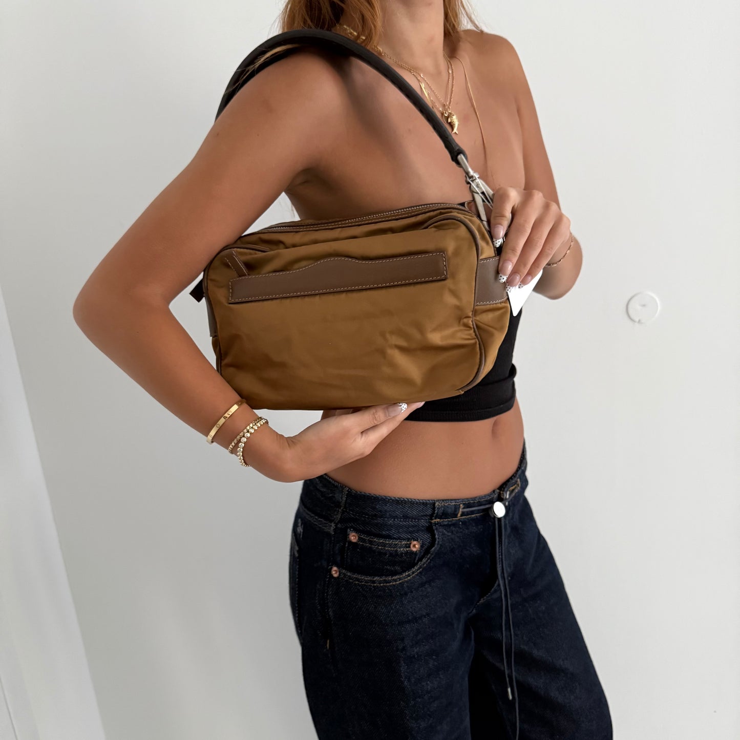 Prada Brown Nylon & Leather Shoulder Bag