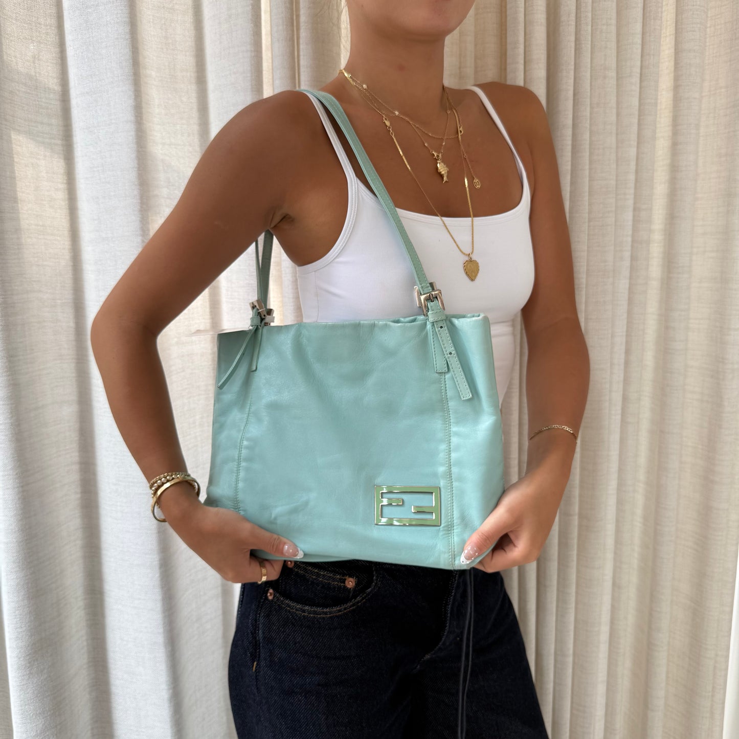 Fendi Teal Leather Shoulder Bag
