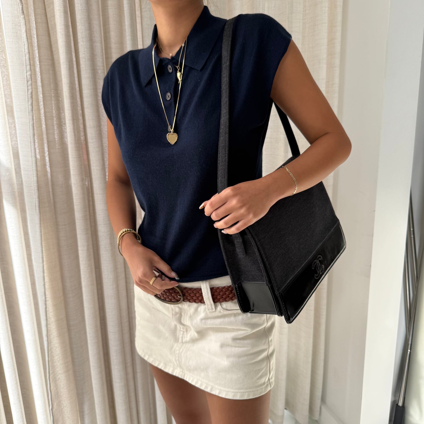 Chanel Black & Gray Jersey Shoulder Bag w/ Patent Leather