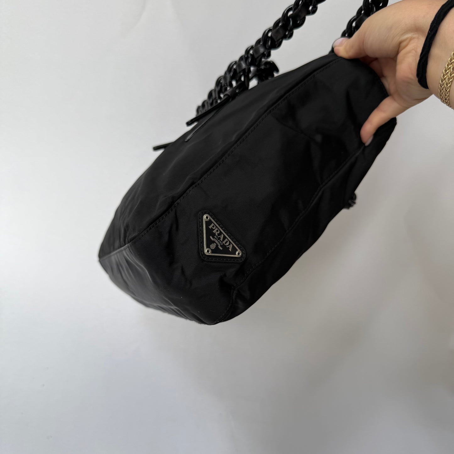 Prada Black Nylon Chain Handle Shoulder Tote Bag