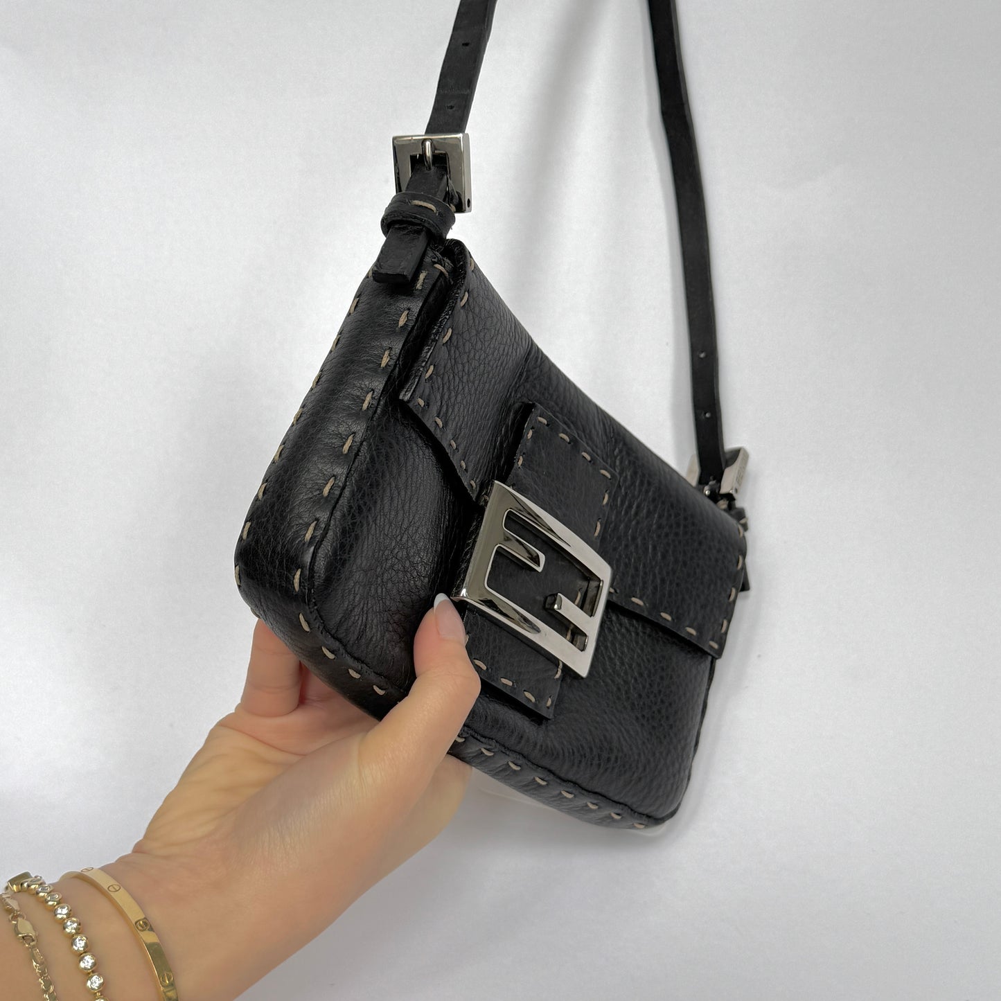 Fendi Black Pebbled Leather Selleria Mini Baguette