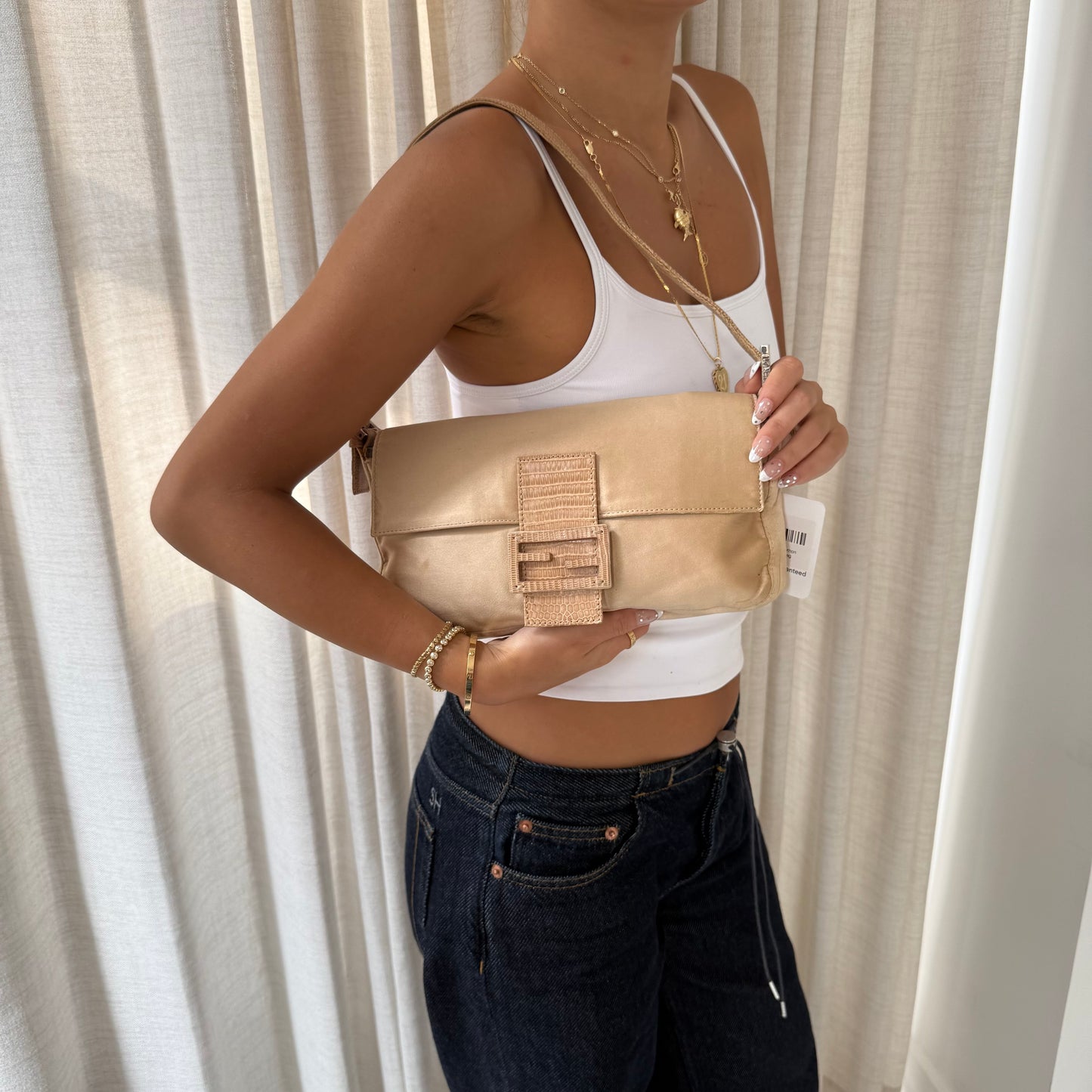 Fendi Beige Satin & Python Baguette Shoulder Bag