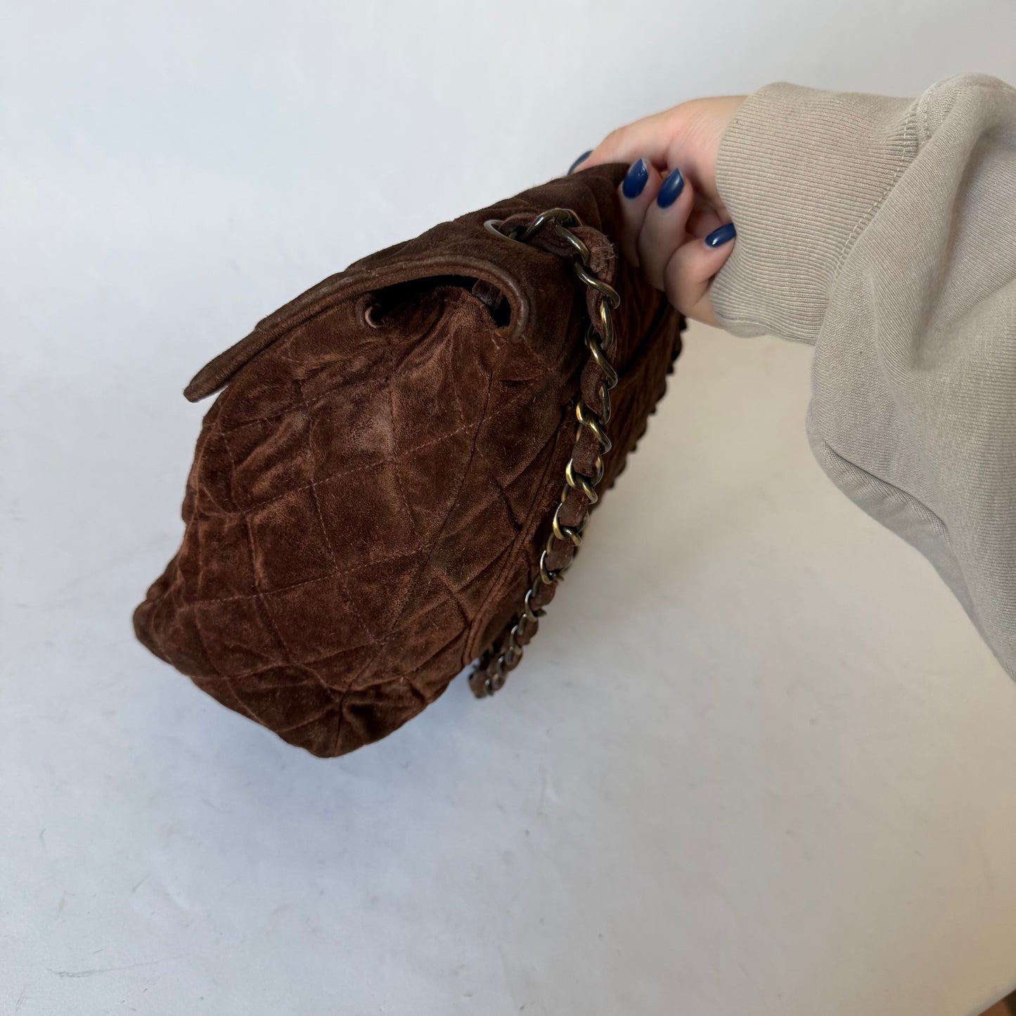 Chanel Brown Suede Antique Gold Hardware Large Flap