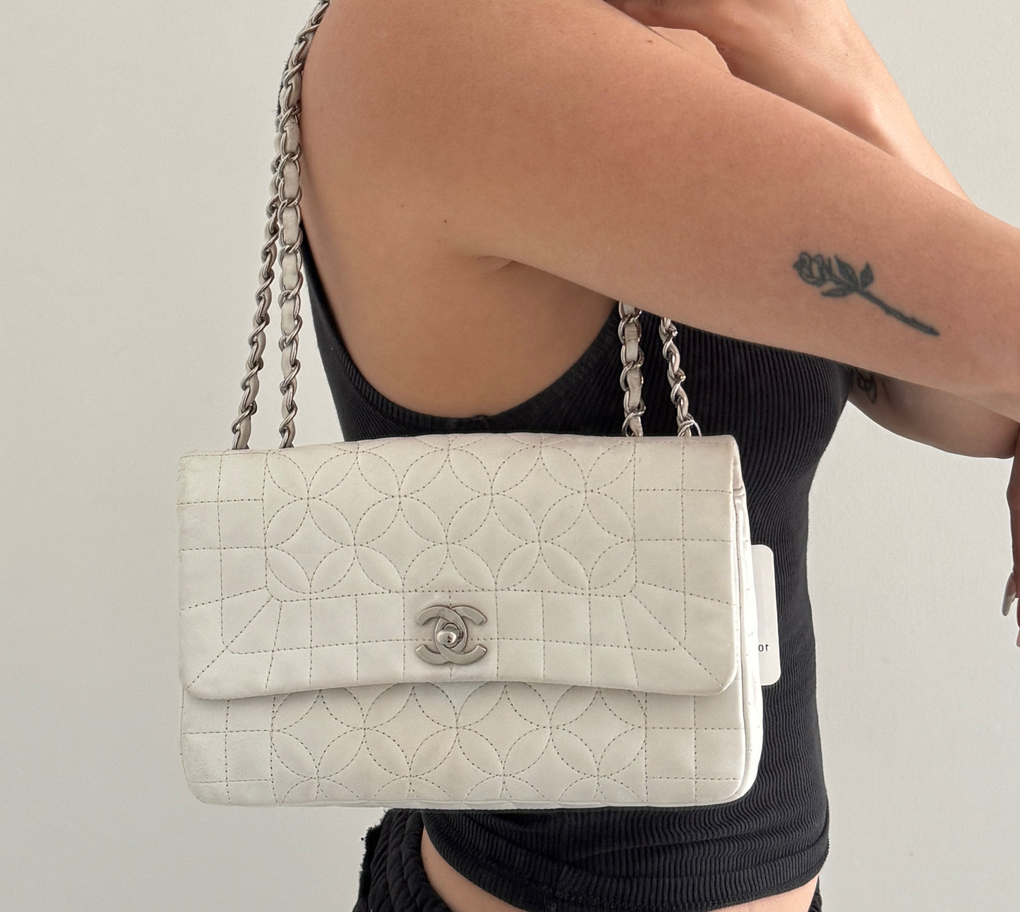 Chanel White Leather Lady Graphic Quilted Camellia Flap Bag