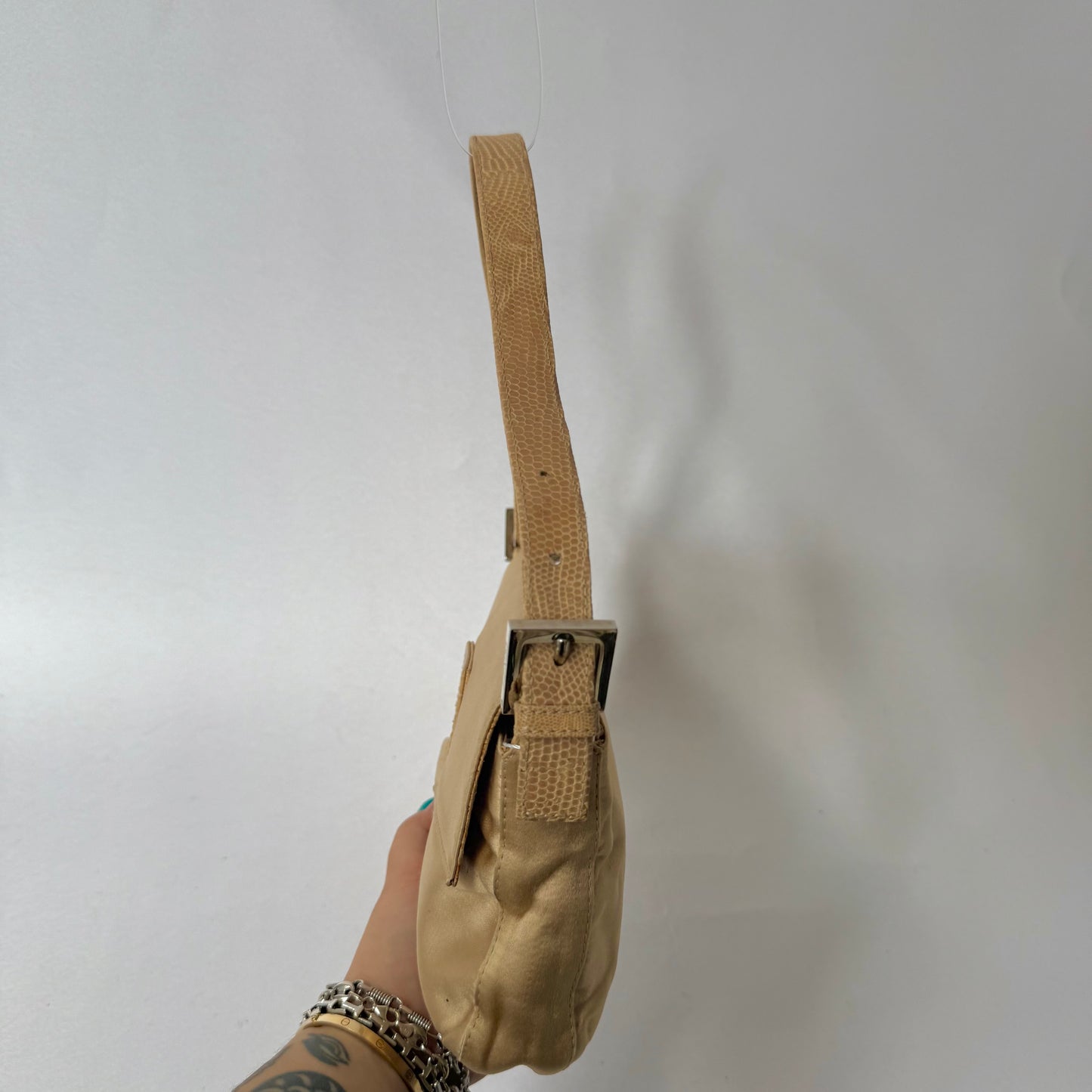 Fendi Beige Satin & Python Baguette Shoulder Bag