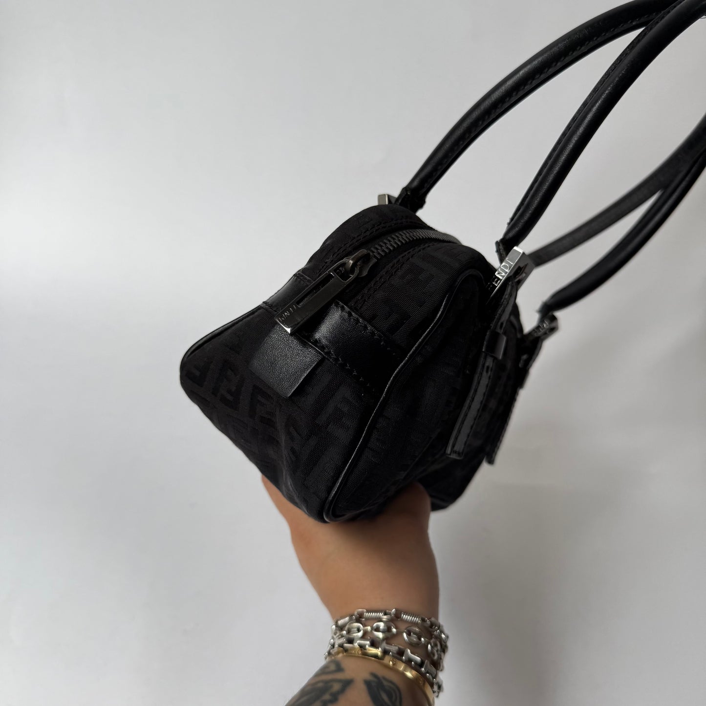 Fendi Black Zucchino Canvas Small Boston Bag
