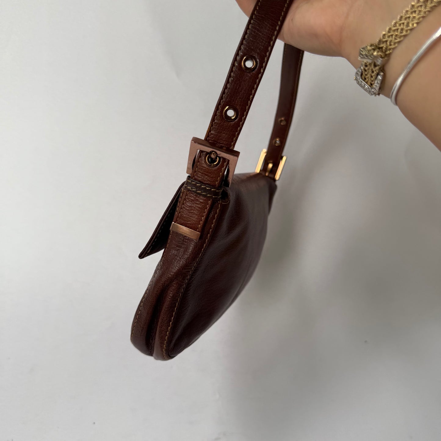 RARE Fendi Brown Leather Patina Black Stone Rose Gold HW Baguette Shoulder Bag