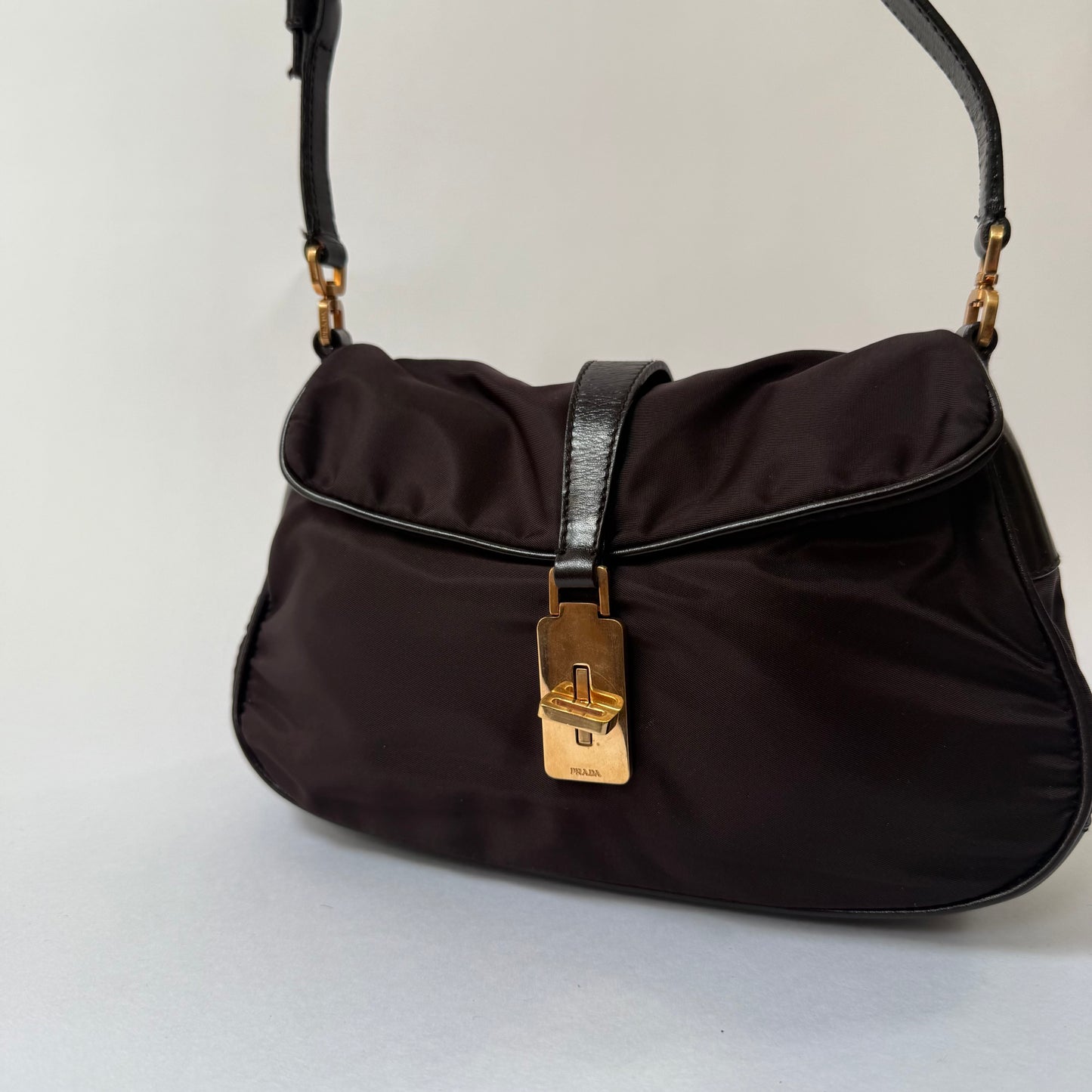 Prada Brown Nylon Reversible Turn Lock Shoulder Bag