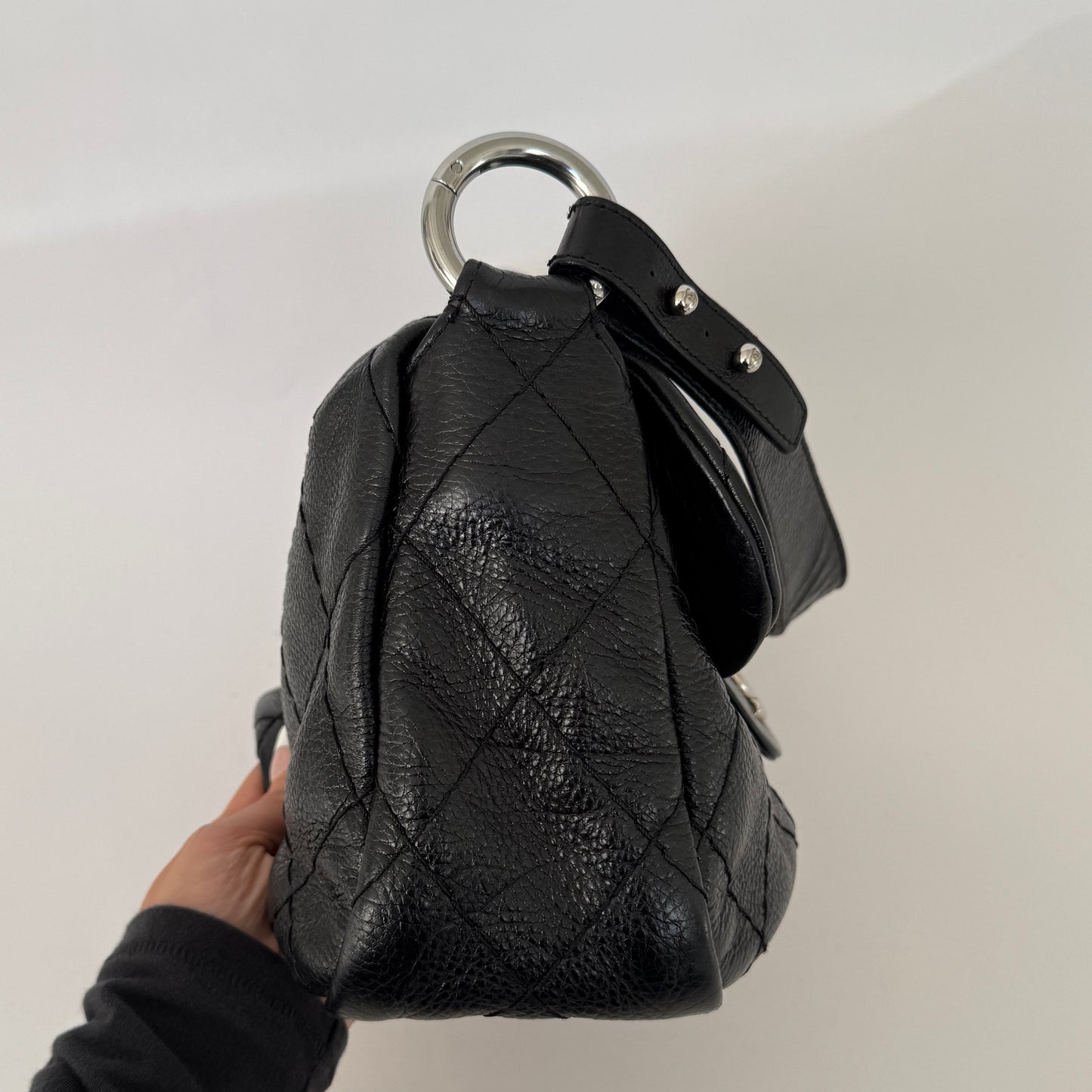 Chanel Black Pebbled Leather Stitched On The Road Shoulder Flap Bag