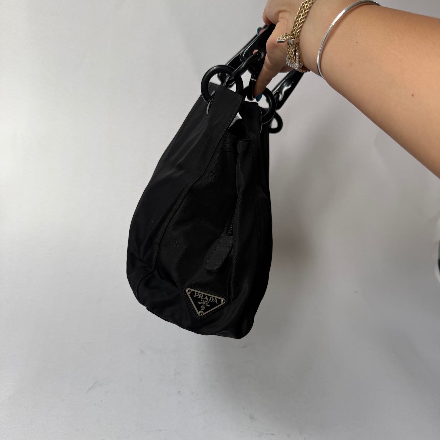 Prada Black Nylon Black Acrylic Handle Tote Bag
