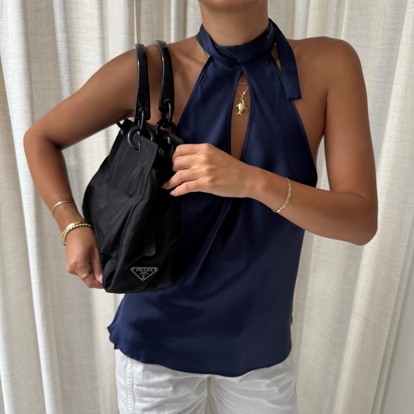 Prada Black Nylon Black Acrylic Handle Tote Bag