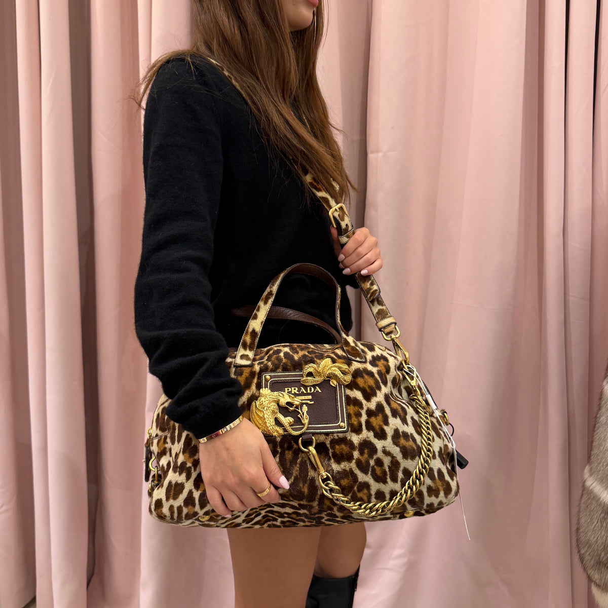 Prada Brown Pony Hair Cheetah Printed Cavaillino Bauletto Bag GHW