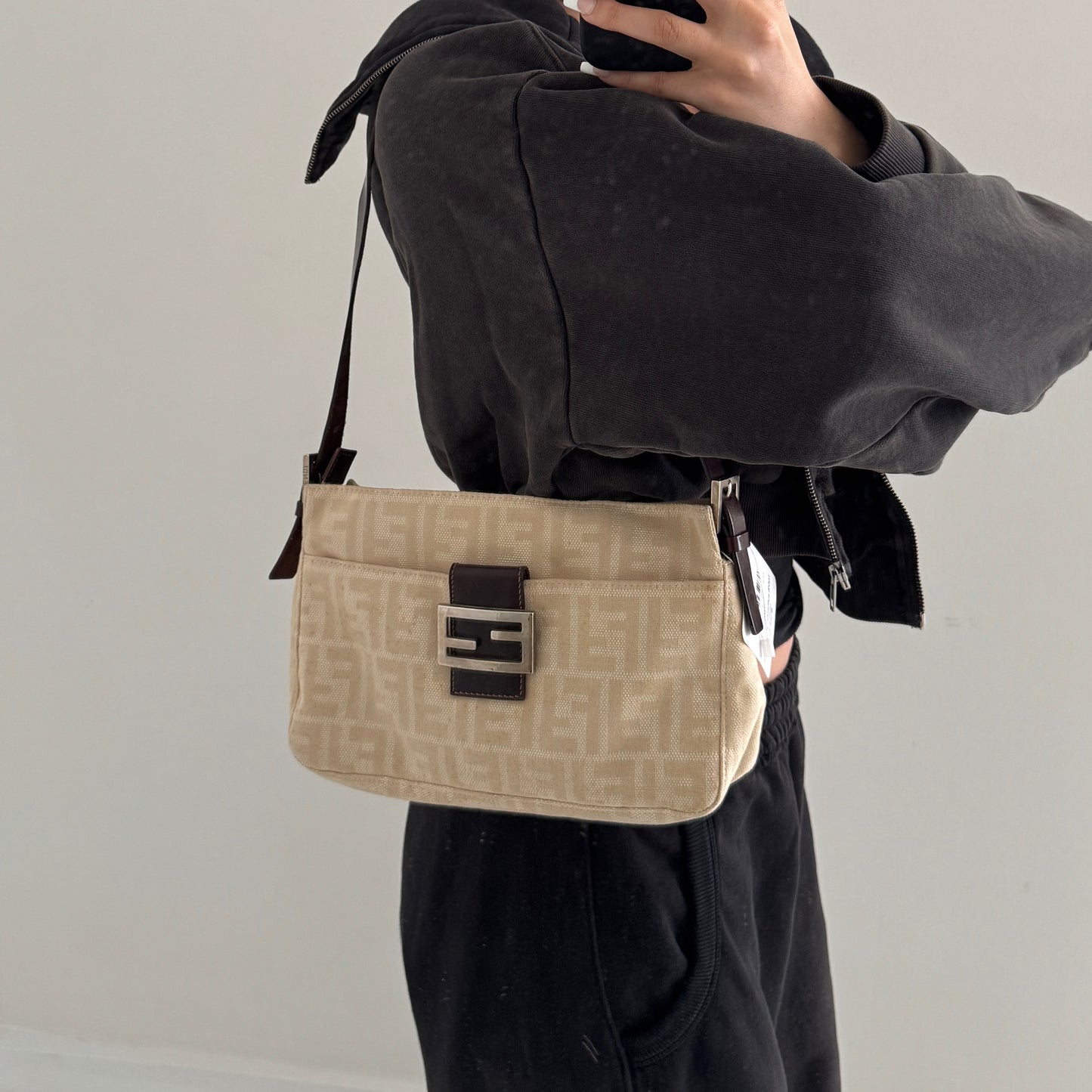 Fendi Cream Canvas Zucca Shoulder Baguette Bag