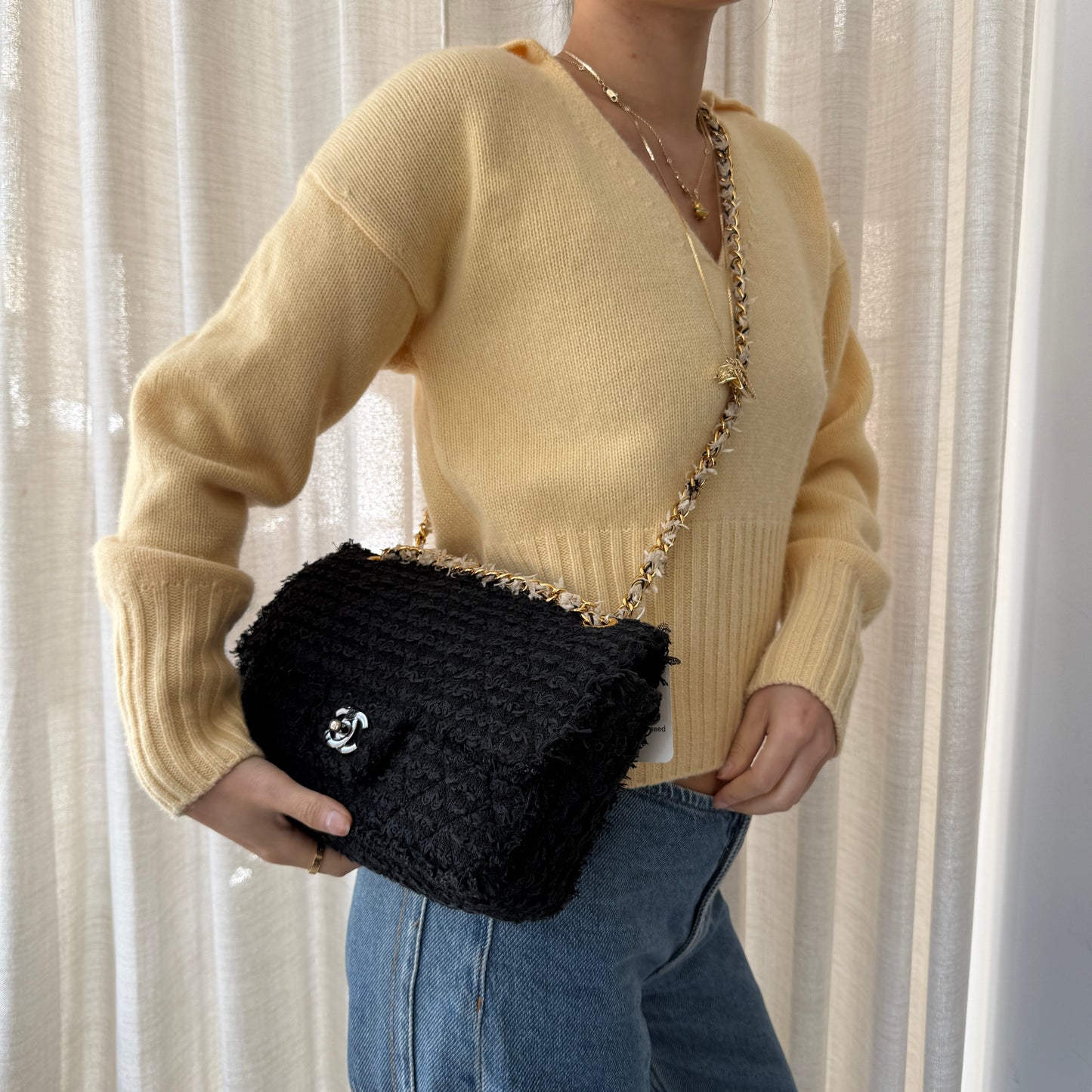 Chanel Black Tweed Matelasse Medium Flap