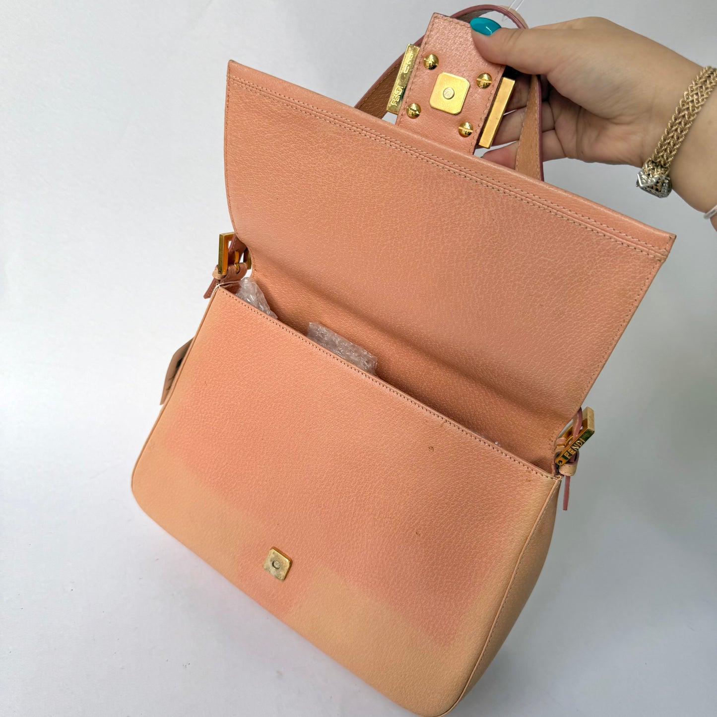 Fendi Peach Pebbled Leather Mama Baguette w/ Stone Plaque