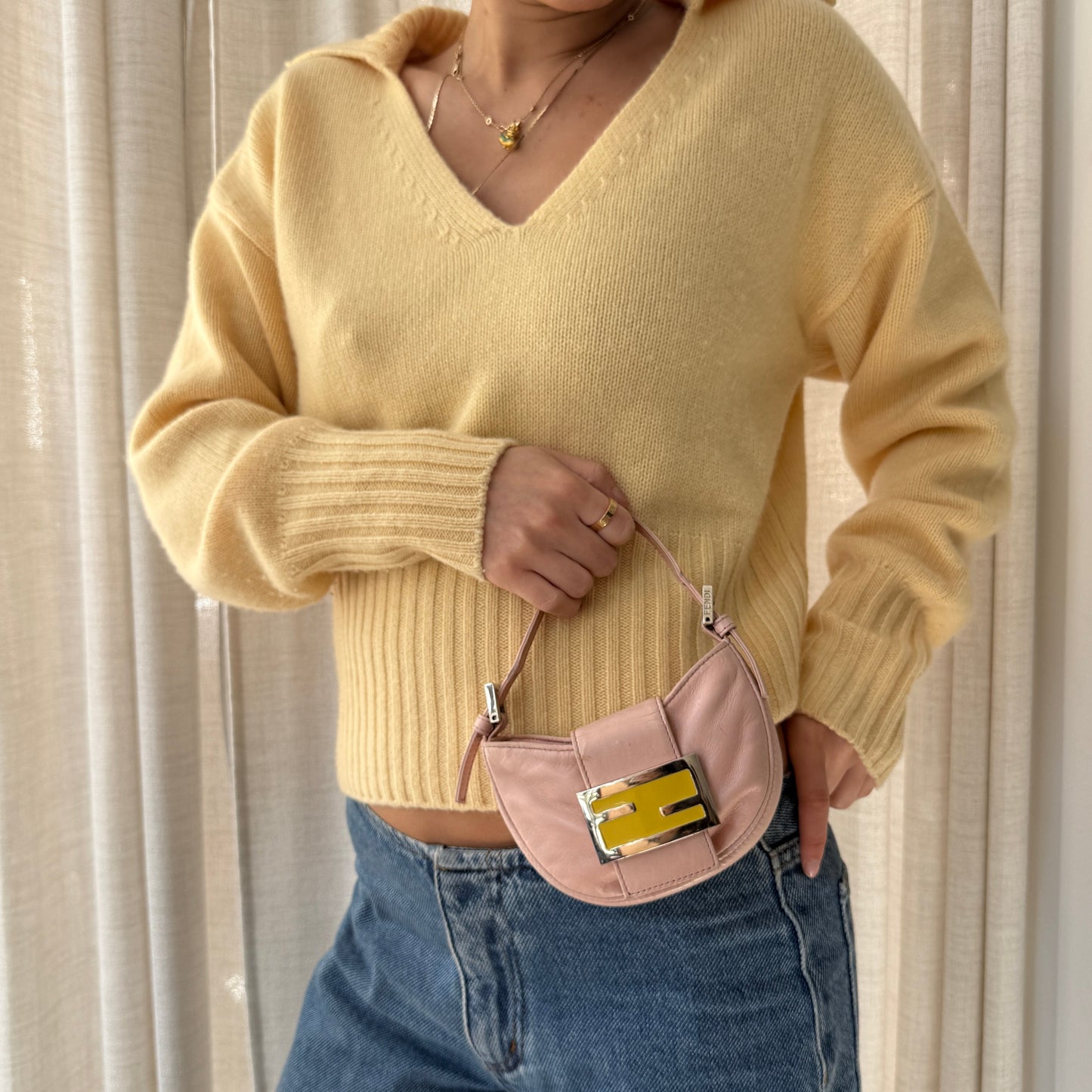 Fendi Pink Lambskin & Yellow Hardware Leather Mini Croissant Bag