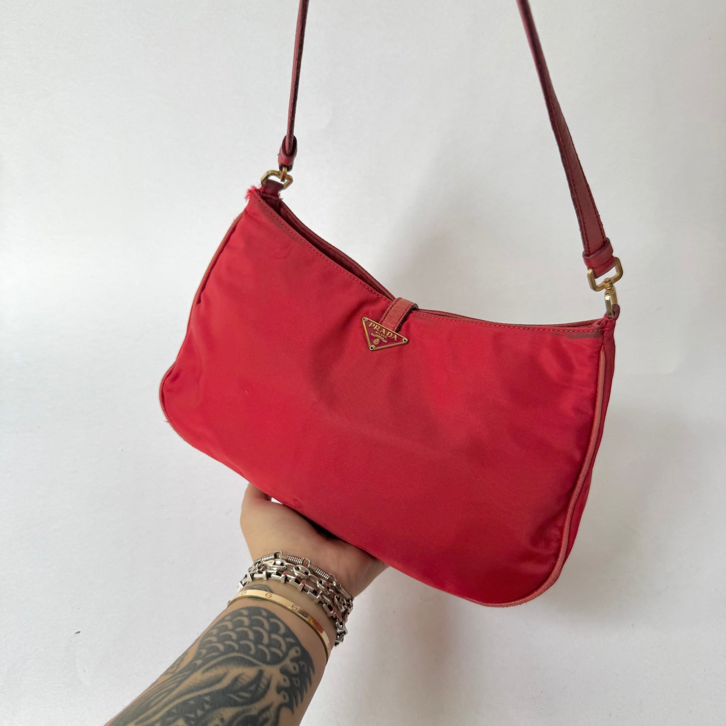 Prada Red Nylon & Gold HW Shoulder Bag