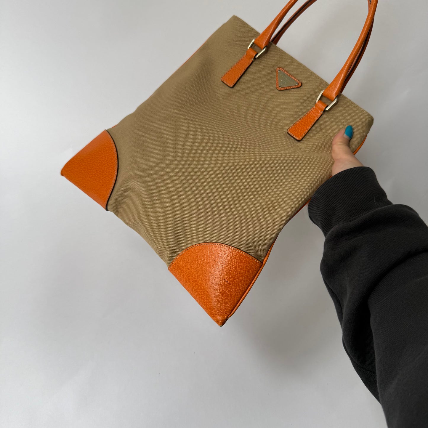 Prada Beige Canvas & Orange Leather Flat Tote Bag