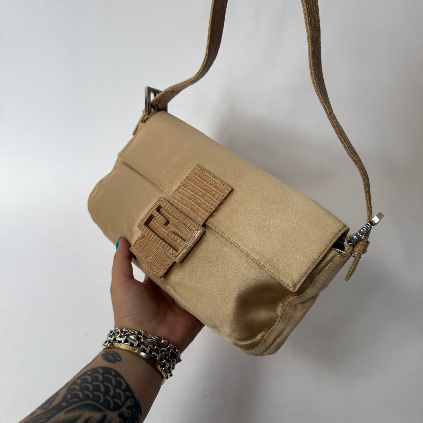 Fendi Beige Satin & Python Baguette Shoulder Bag