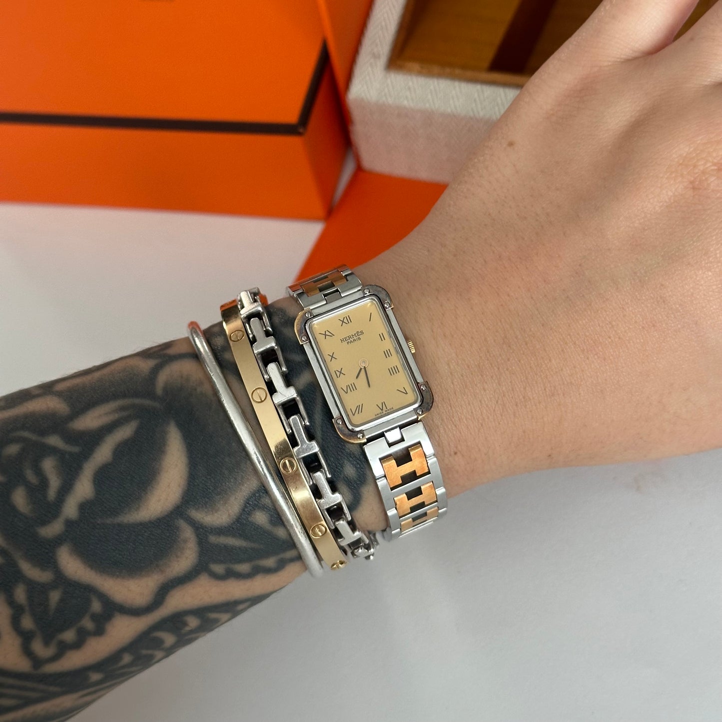 Hermes Croisiere Tank Gold Dial Two Tone Watch w/ Box