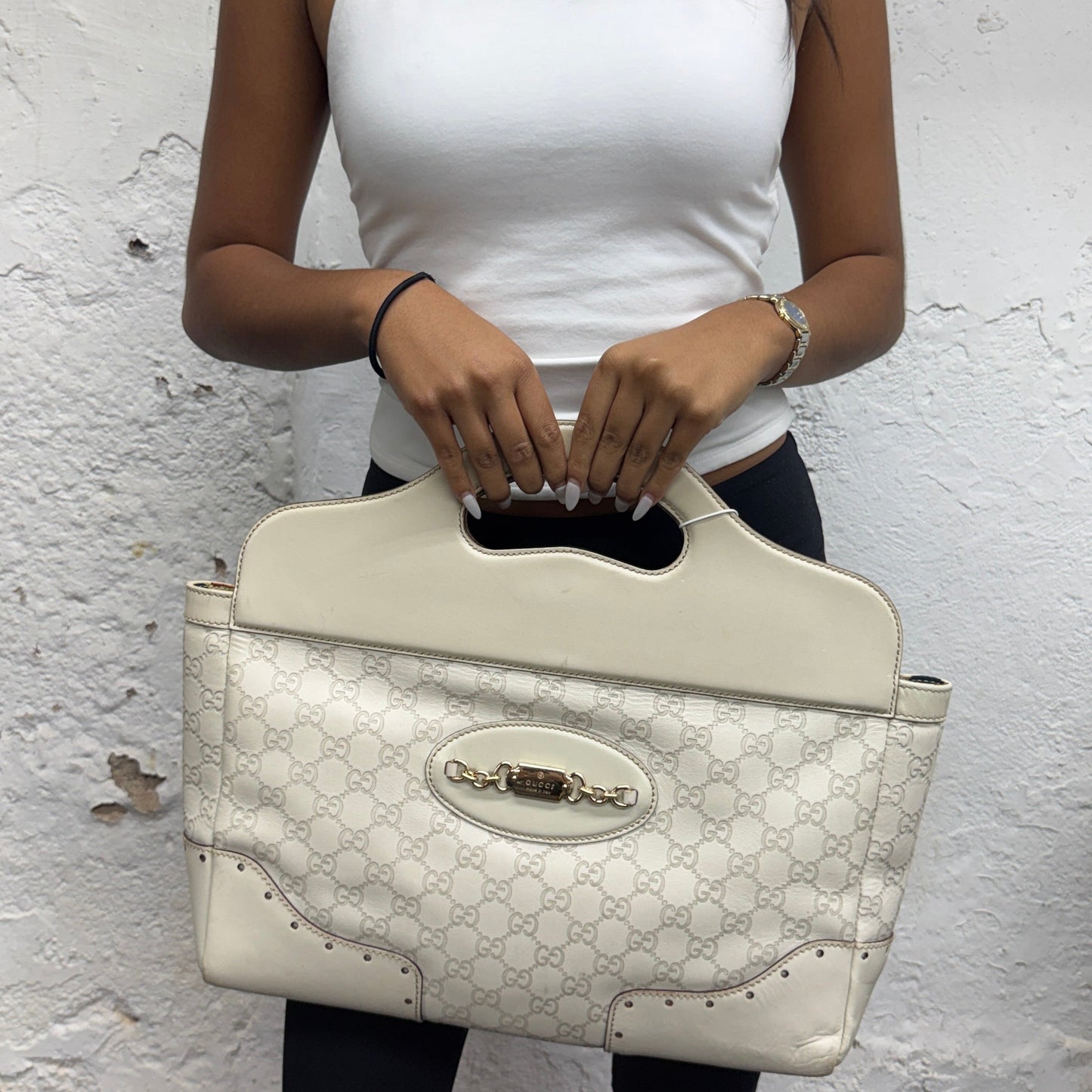 Gucci White Leather Monogram Guccissima Hobo Top Handle Bag