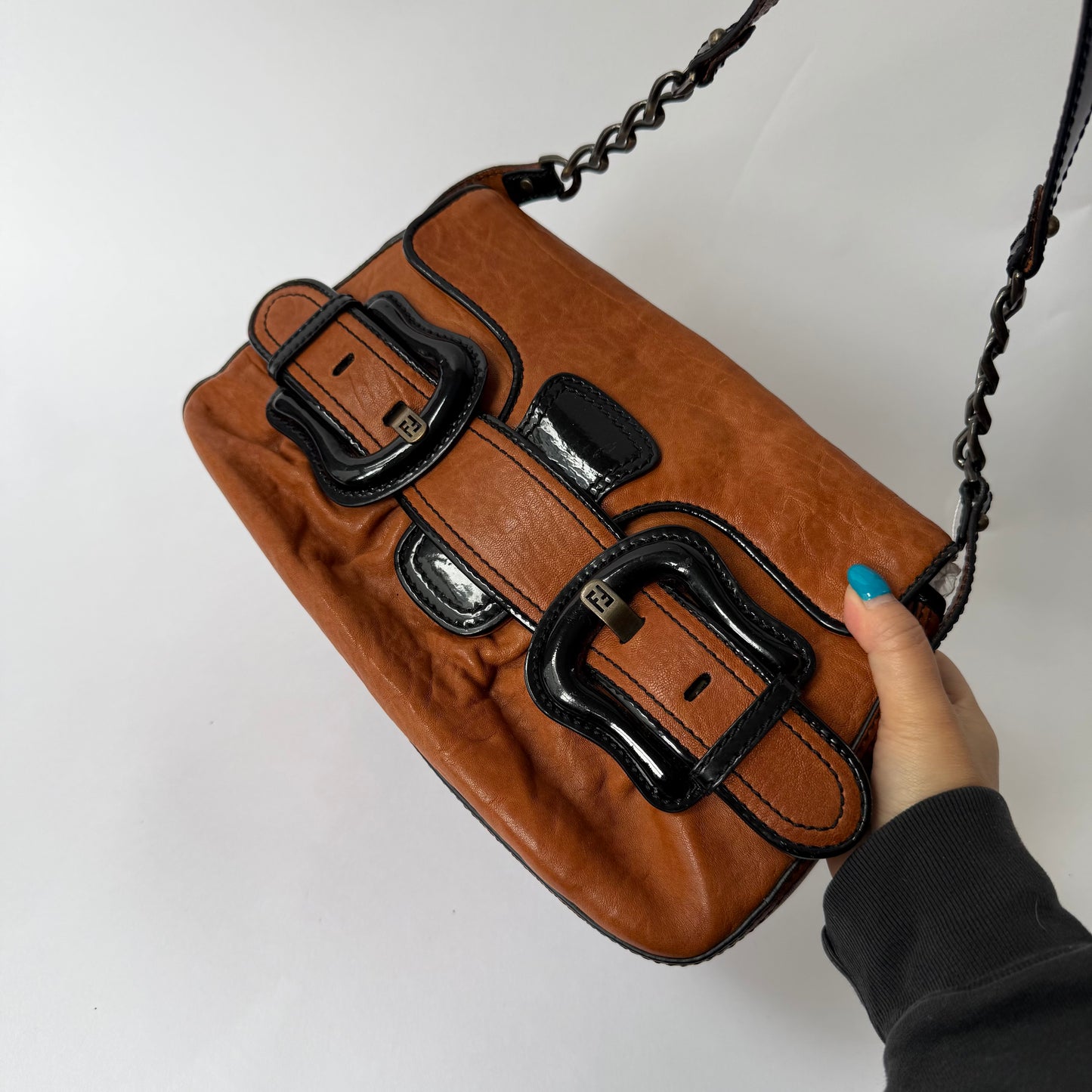 Fendi Brown Pebbled Leather Double Buckle Shoulder Bag