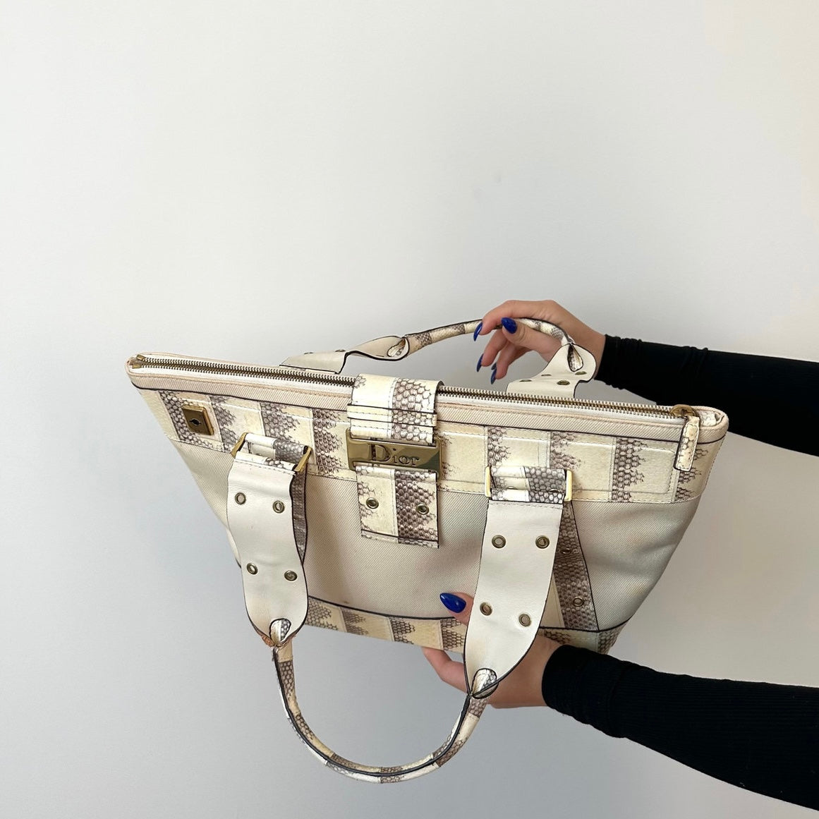 Christian Dior Cream & Snakeskin Leather Trim Street Chic Moto Shoulder Bag