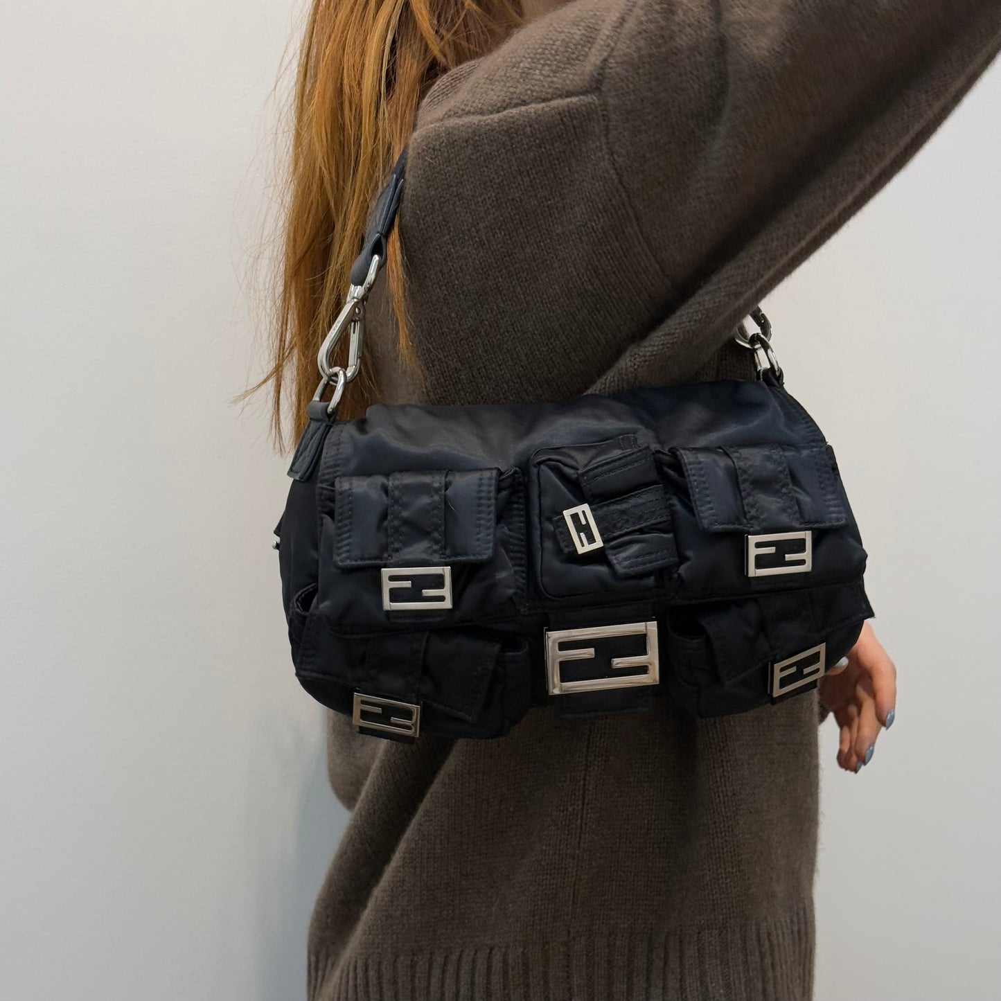 Fendi AW22 Multi Pocket Black Nylon Baguette