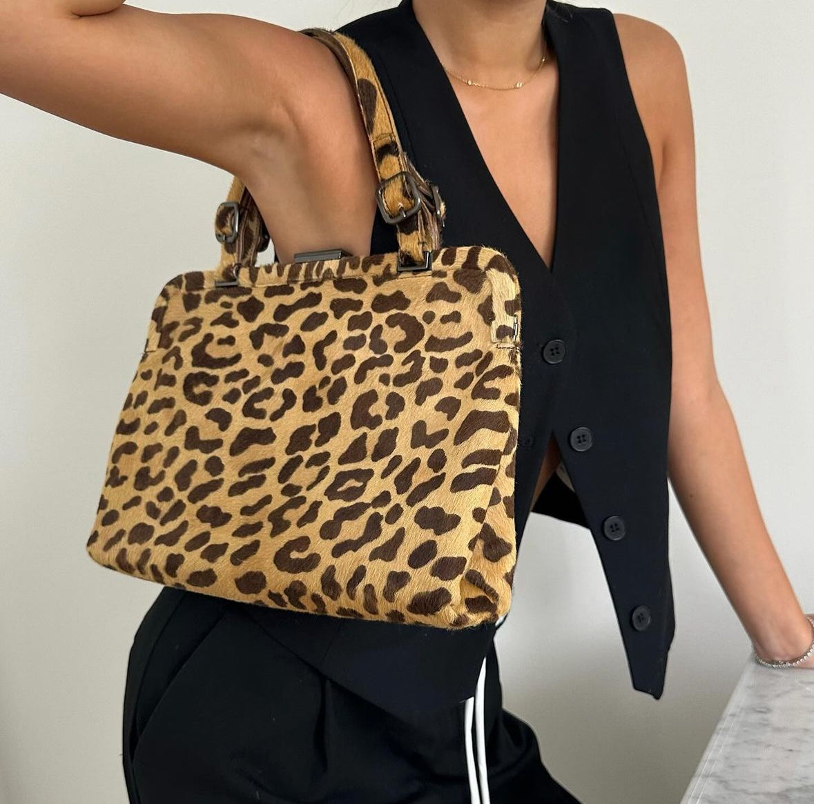 Prada Cheetah Printed Ponyhair Shoulder Bag