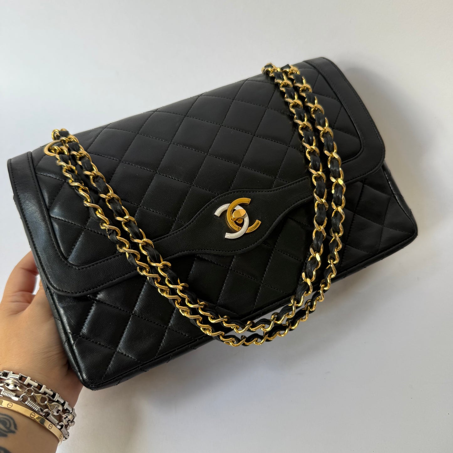 Chanel 1986 Black Lambskin Two-Tone Vintage Double Flap Bag