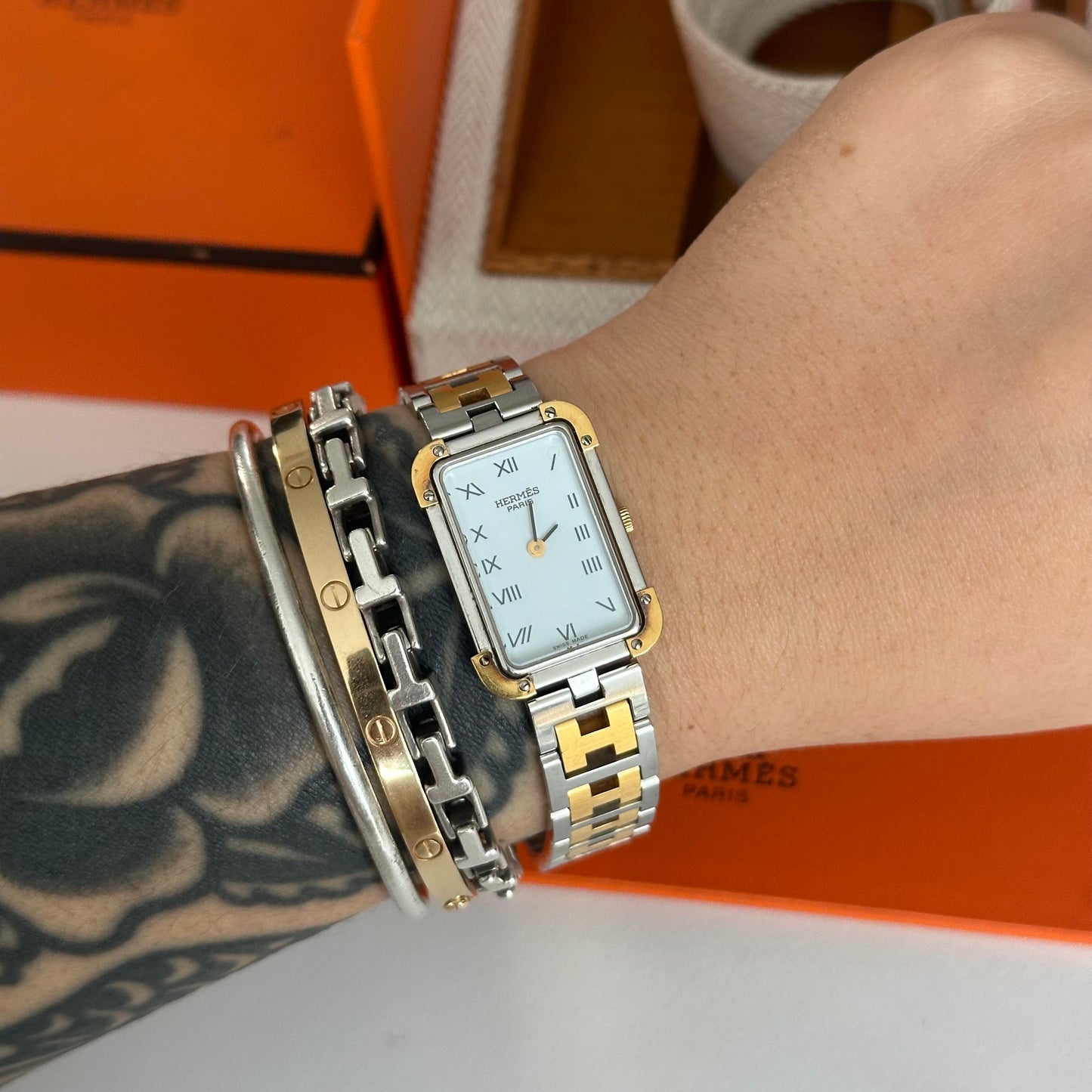 Hermes Croisiere Tank White Dial Two Tone Watch w/ Box