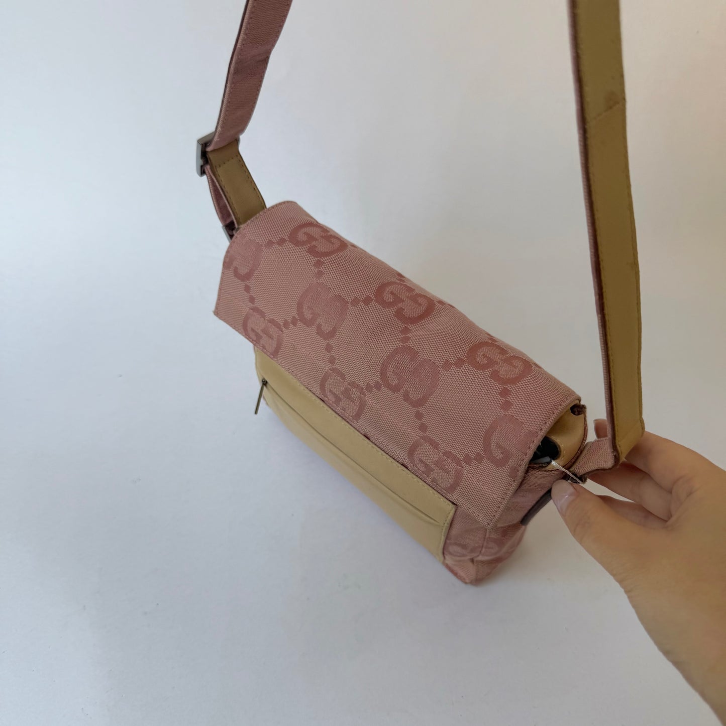 Gucci Pink Monogram & Beige Leather Shoulder Bag
