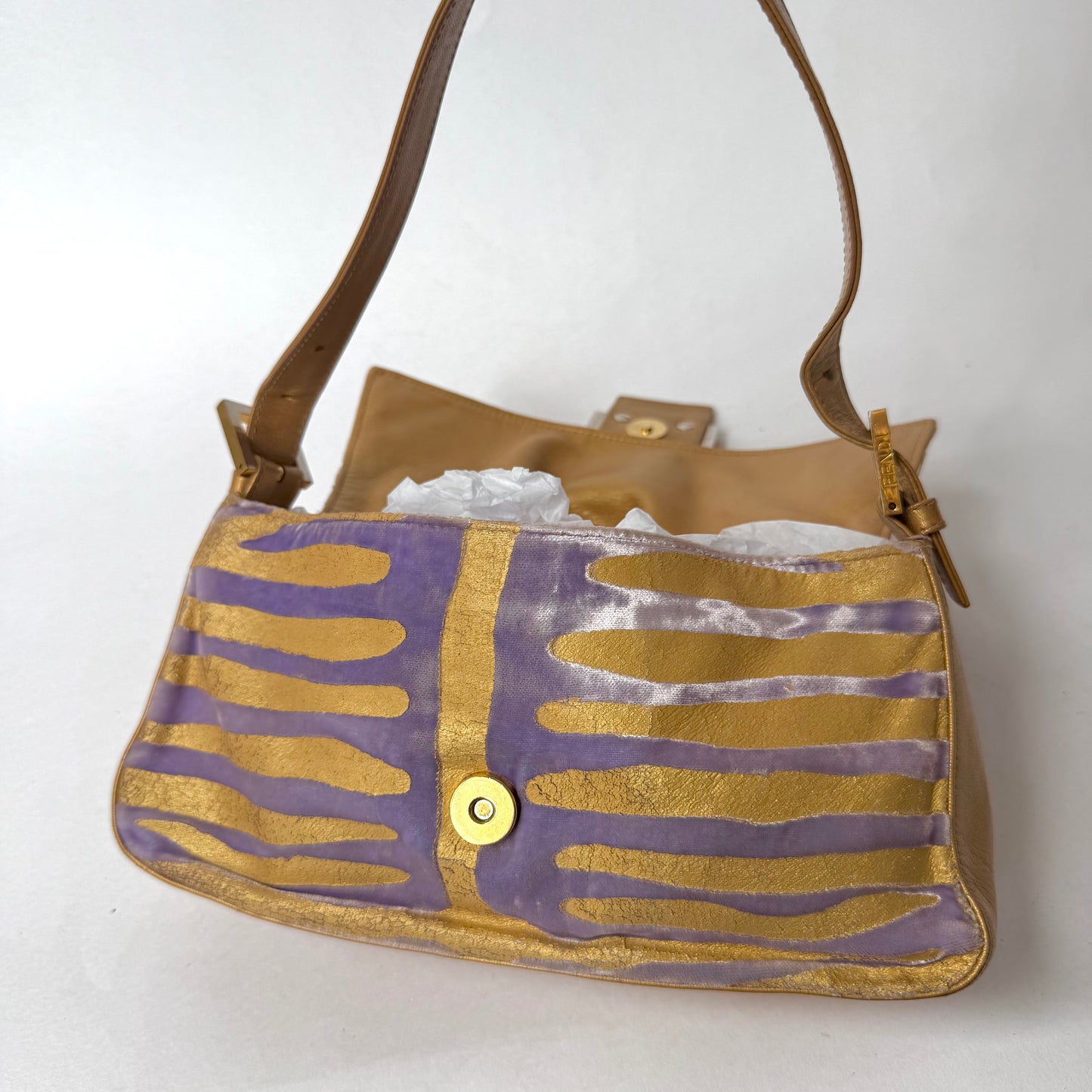 Fendi Gold & Purple Zebra Printed Baguette Shoulder Bag