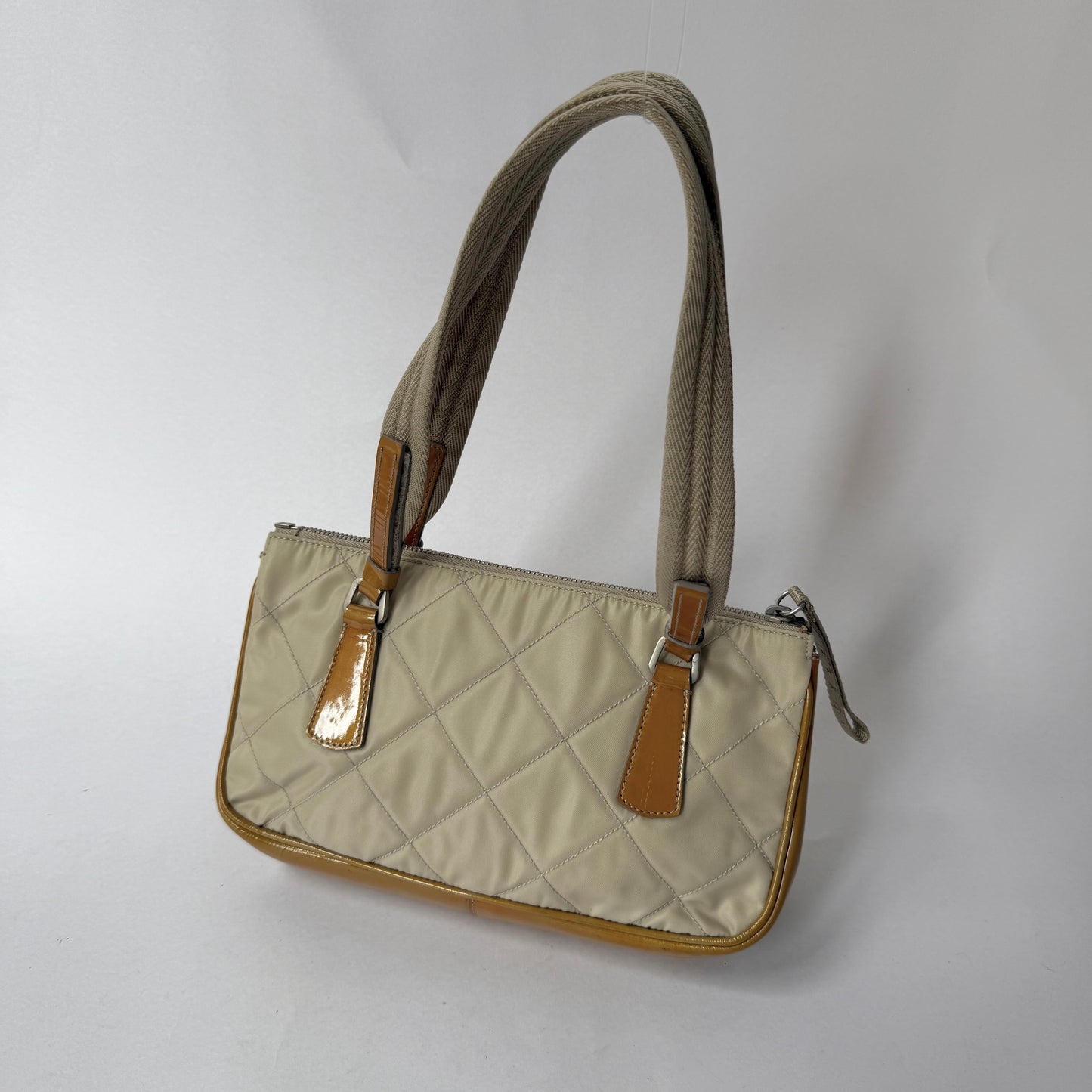Prada Beige Quilted Shoulder Bag w/ Patent Leather Trim