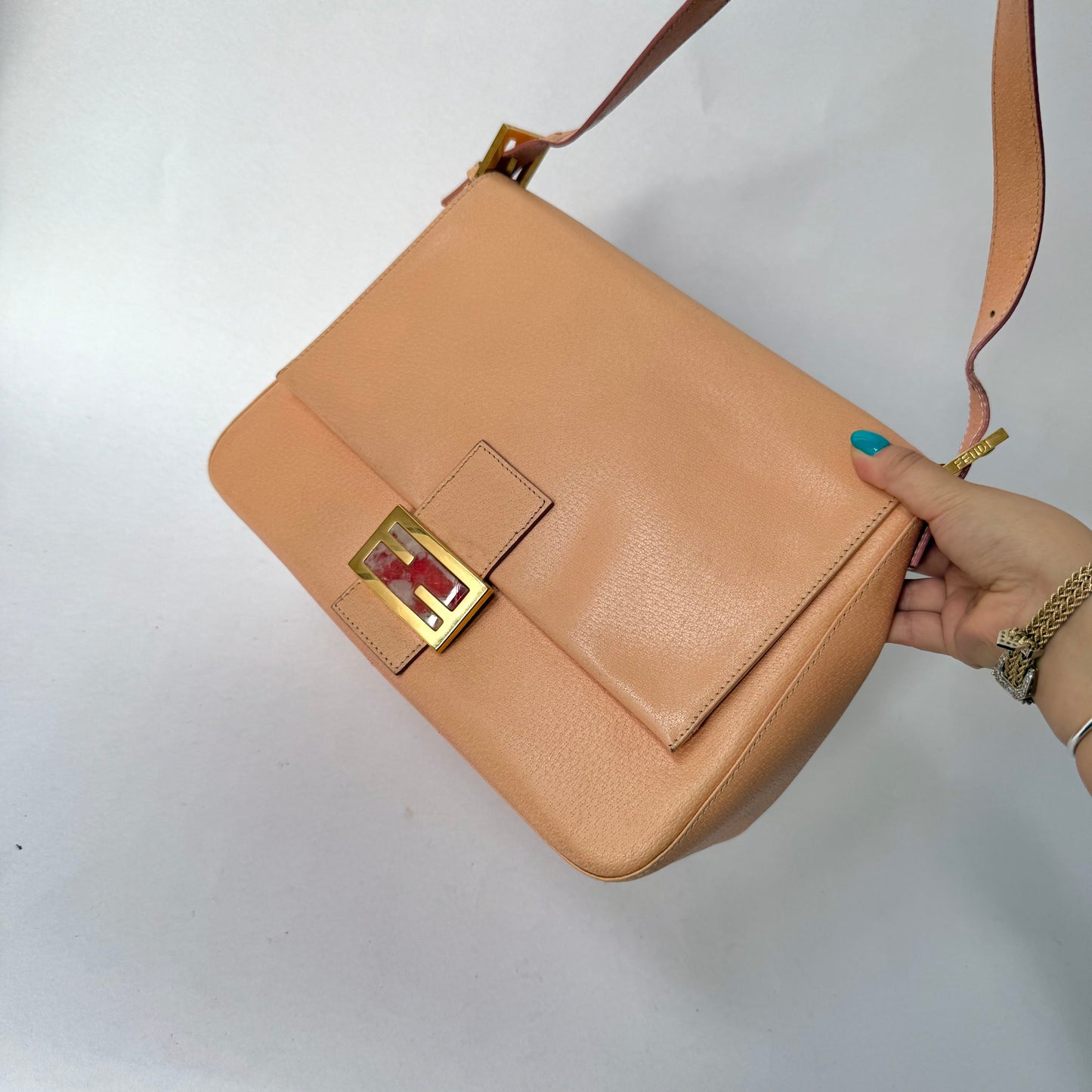 Fendi Peach Pebbled Leather Mama Baguette w/ Stone Plaque