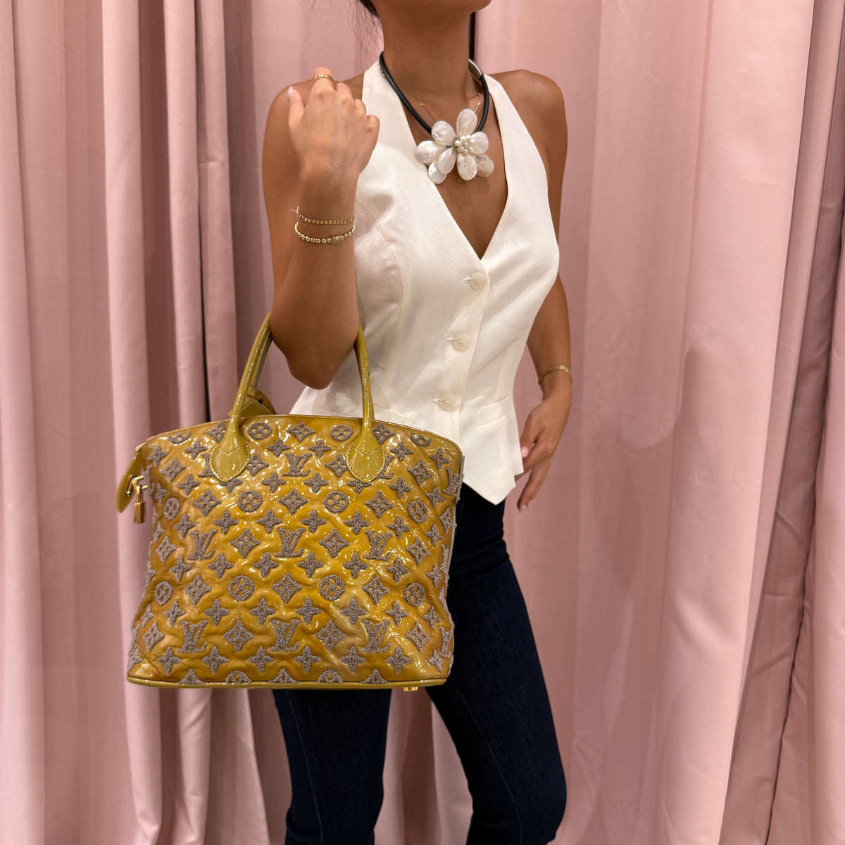 Louis Vuitton Mustard Yellow Vernis & Boucle Textured Monogram Fascination Lock-it Handbag