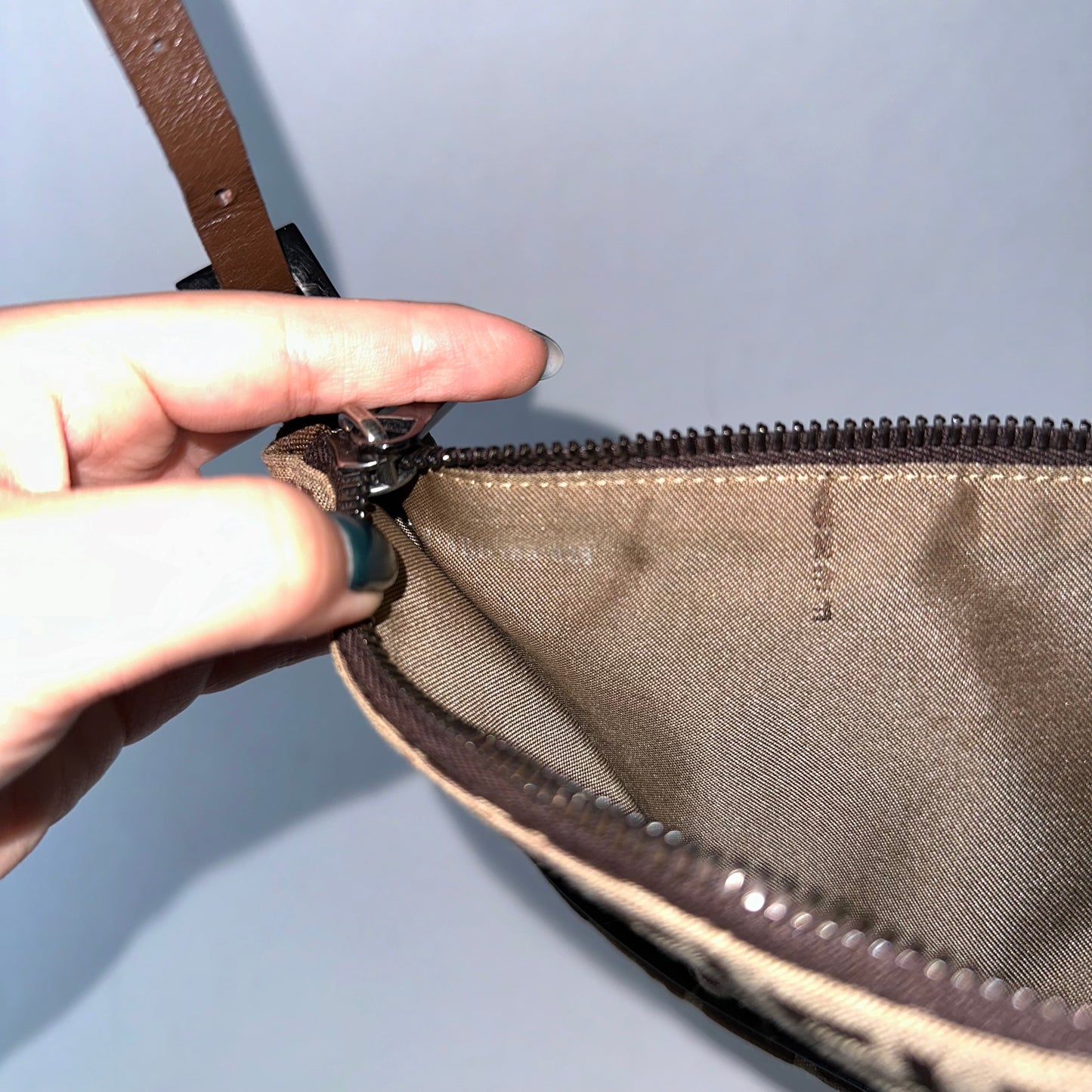 Fendi Brown Zucchino Shoulder Bag w/ Leather Strap