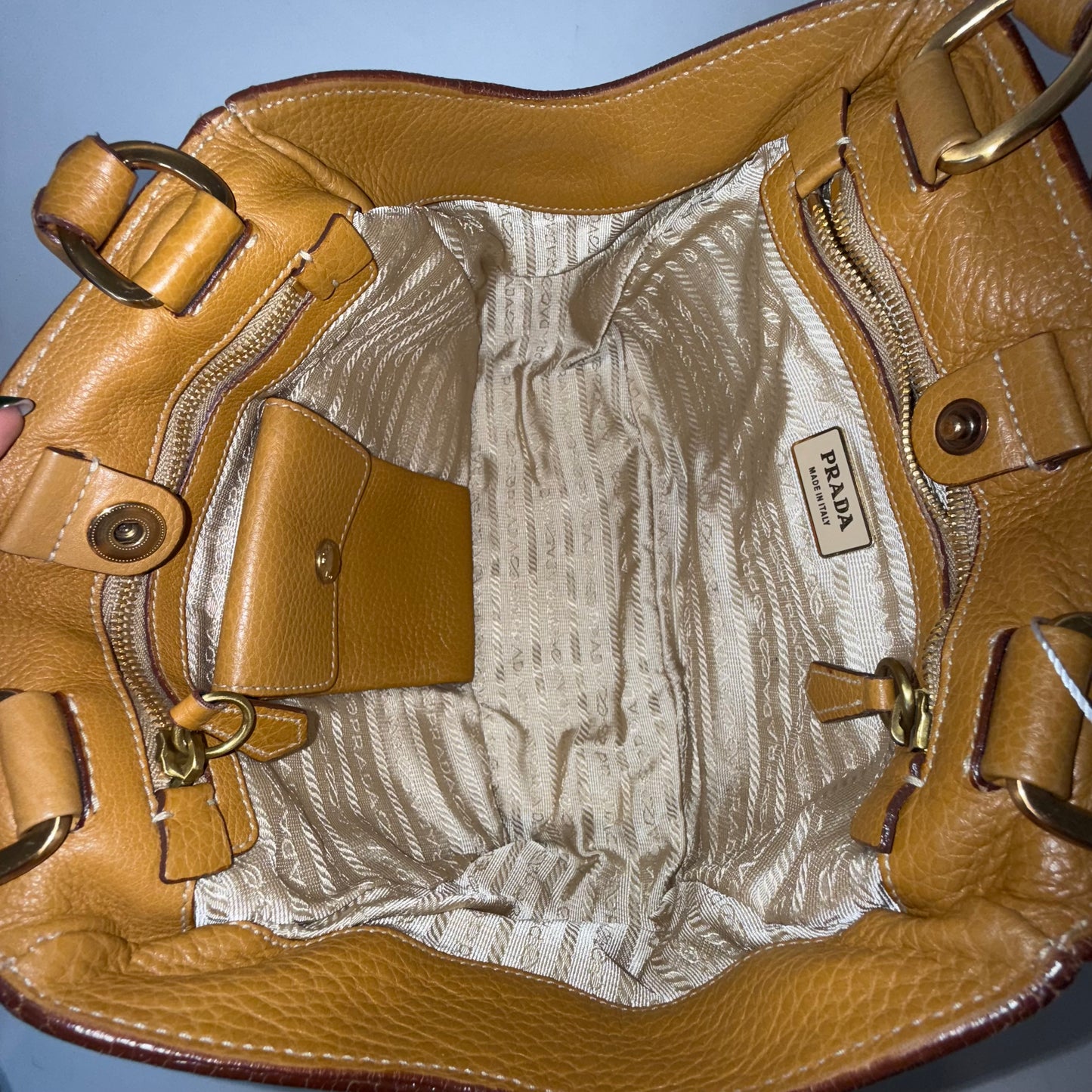 Prada Mustard Brown Pebbled Leather Shoulder Bag