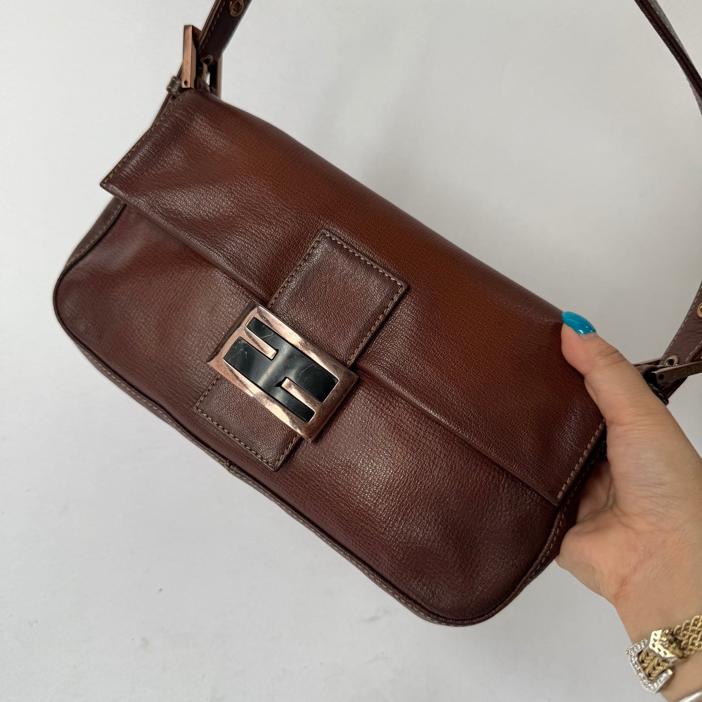 RARE Fendi Brown Leather Patina Black Stone Rose Gold HW Baguette Shoulder Bag