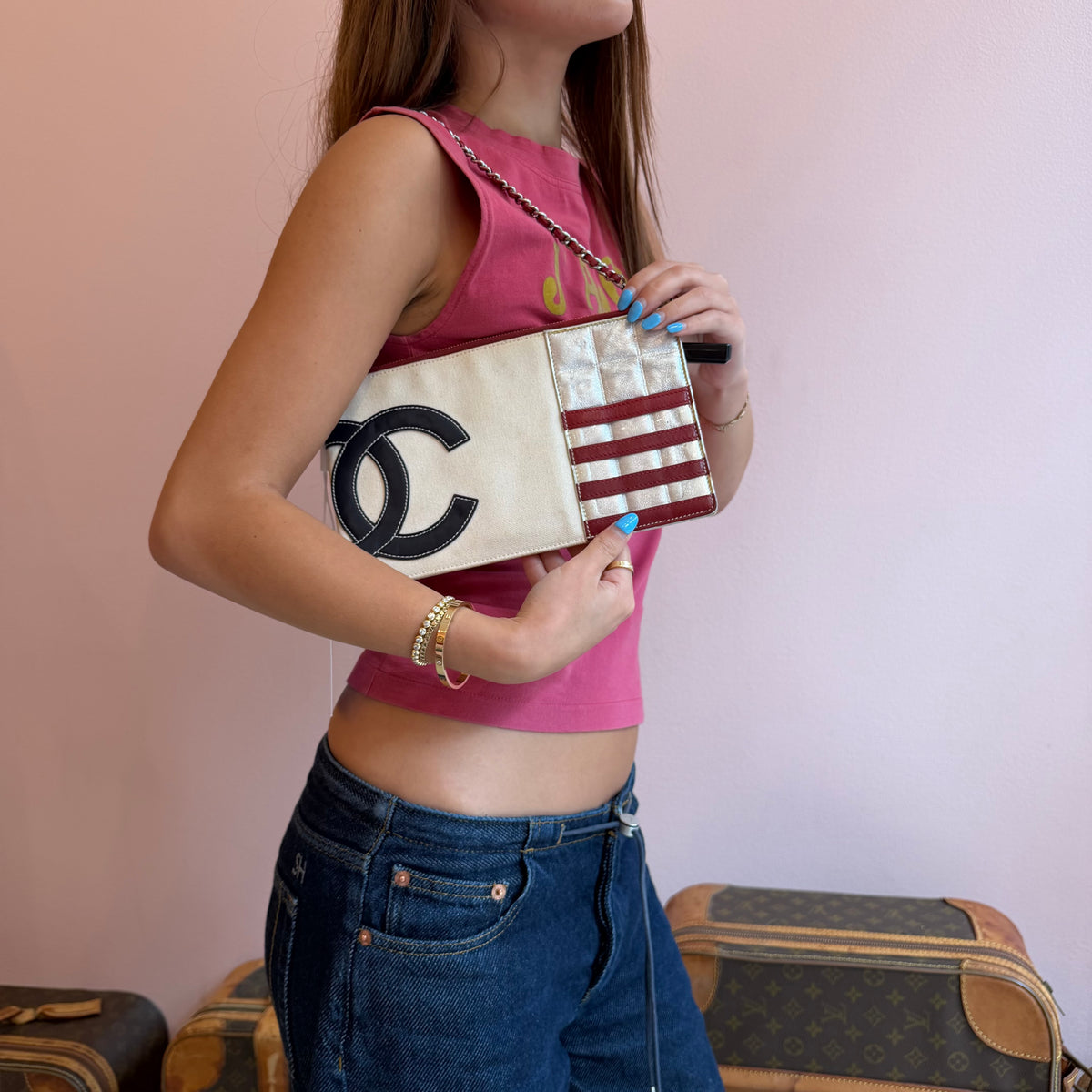 Chanel Beige Multicolored Canvas & Leather American Flag Pochette