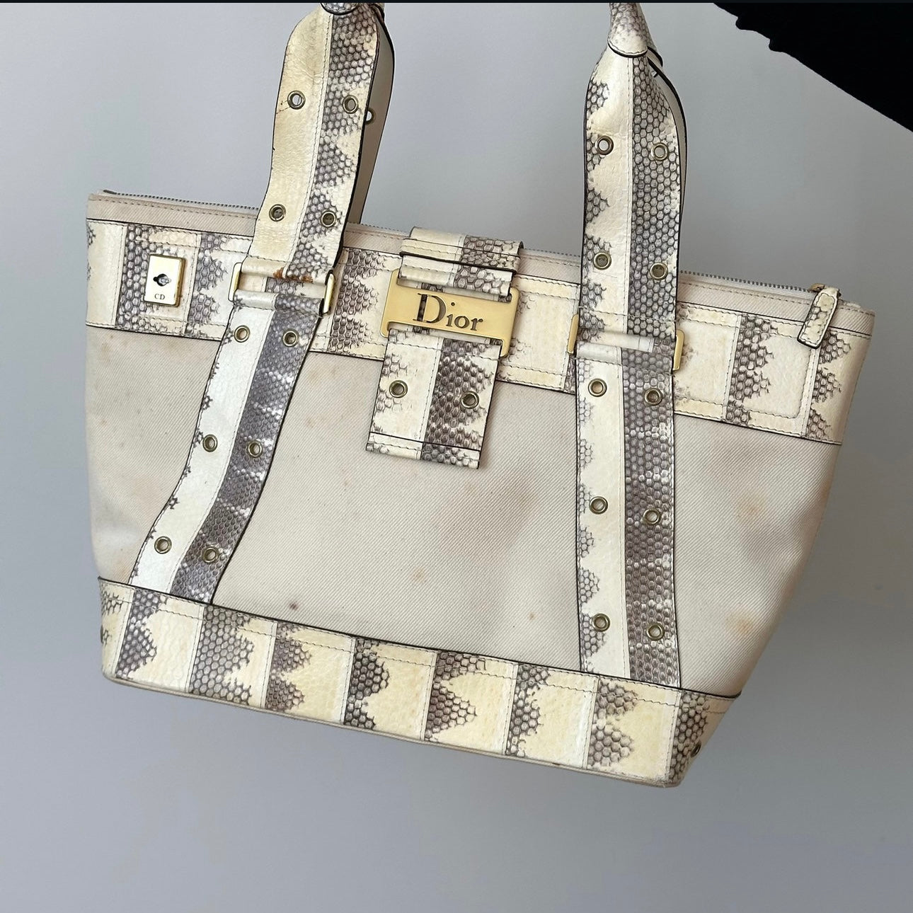 Christian Dior Cream & Snakeskin Leather Trim Street Chic Moto Shoulder Bag