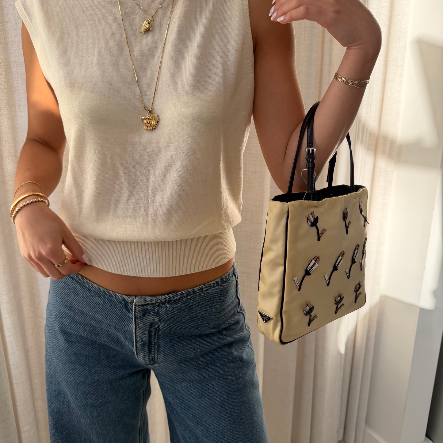 Prada Beige Nylon Embroidered Flower Tote bag