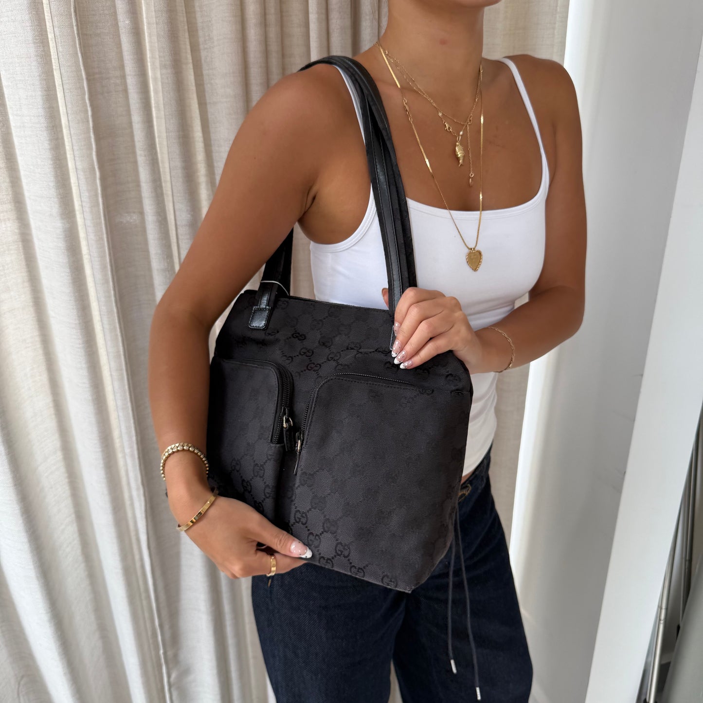 Gucci Black Monogram Canvas Pocket Shoulder Bag
