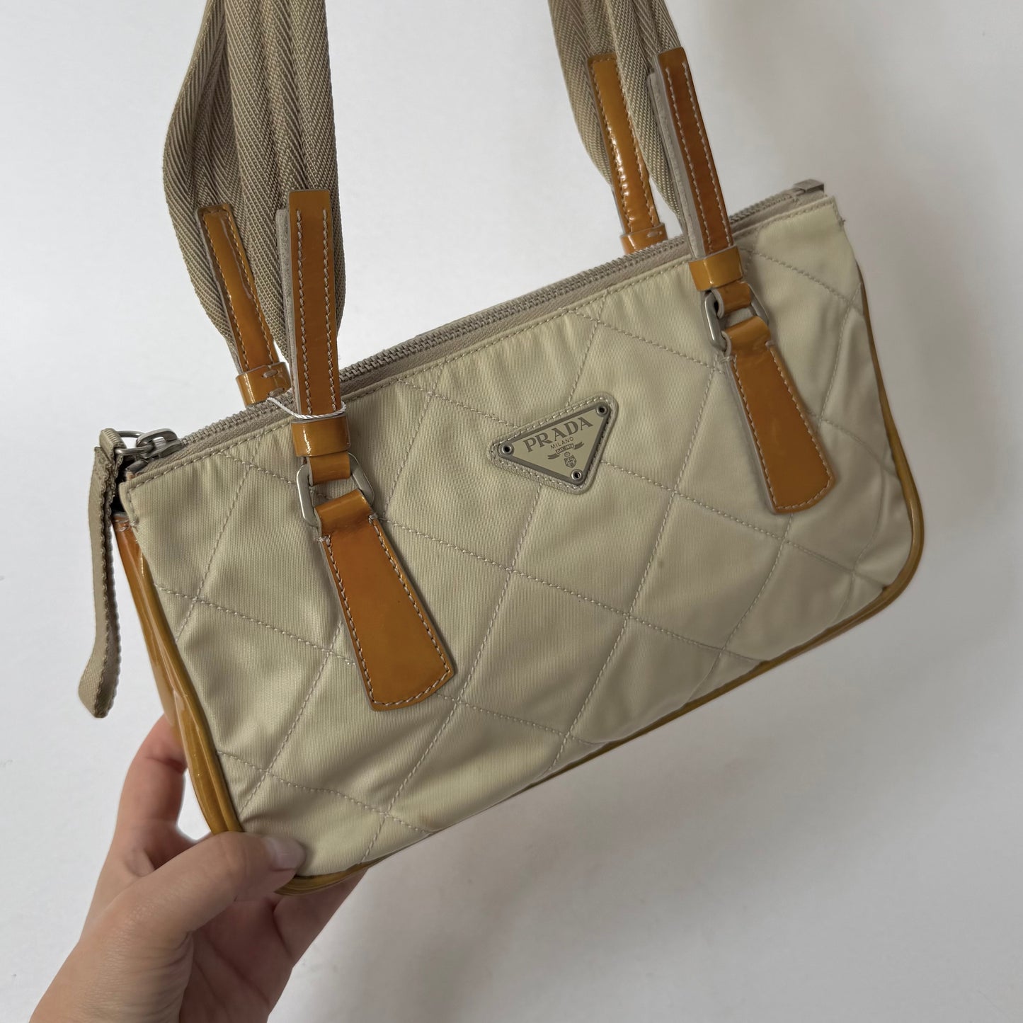 Prada Beige Quilted Shoulder Bag w/ Patent Leather Trim