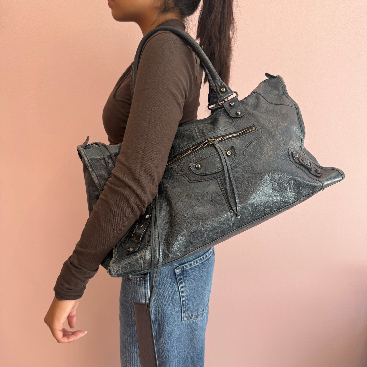 Balenciaga Washed Black Leather "Work" City Bag