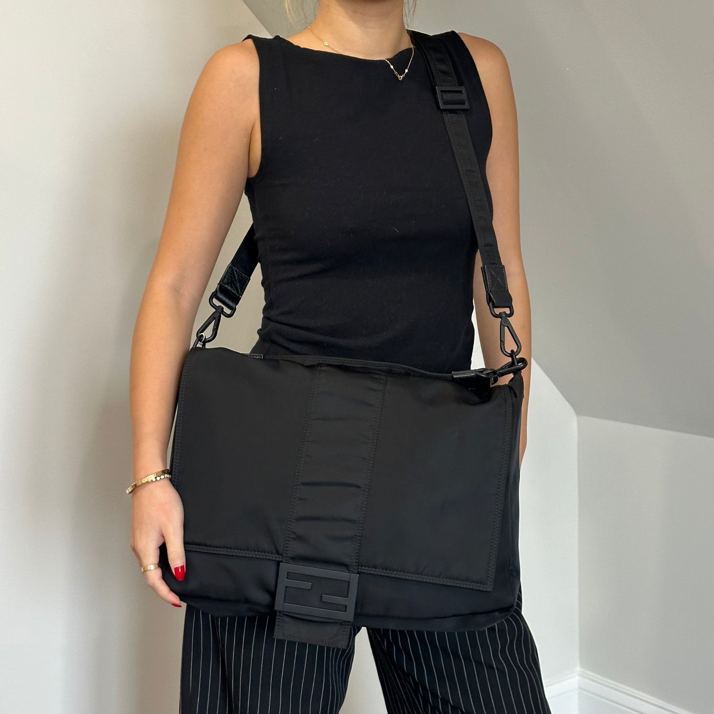 Fendi Black Nylon Two Way Baguette