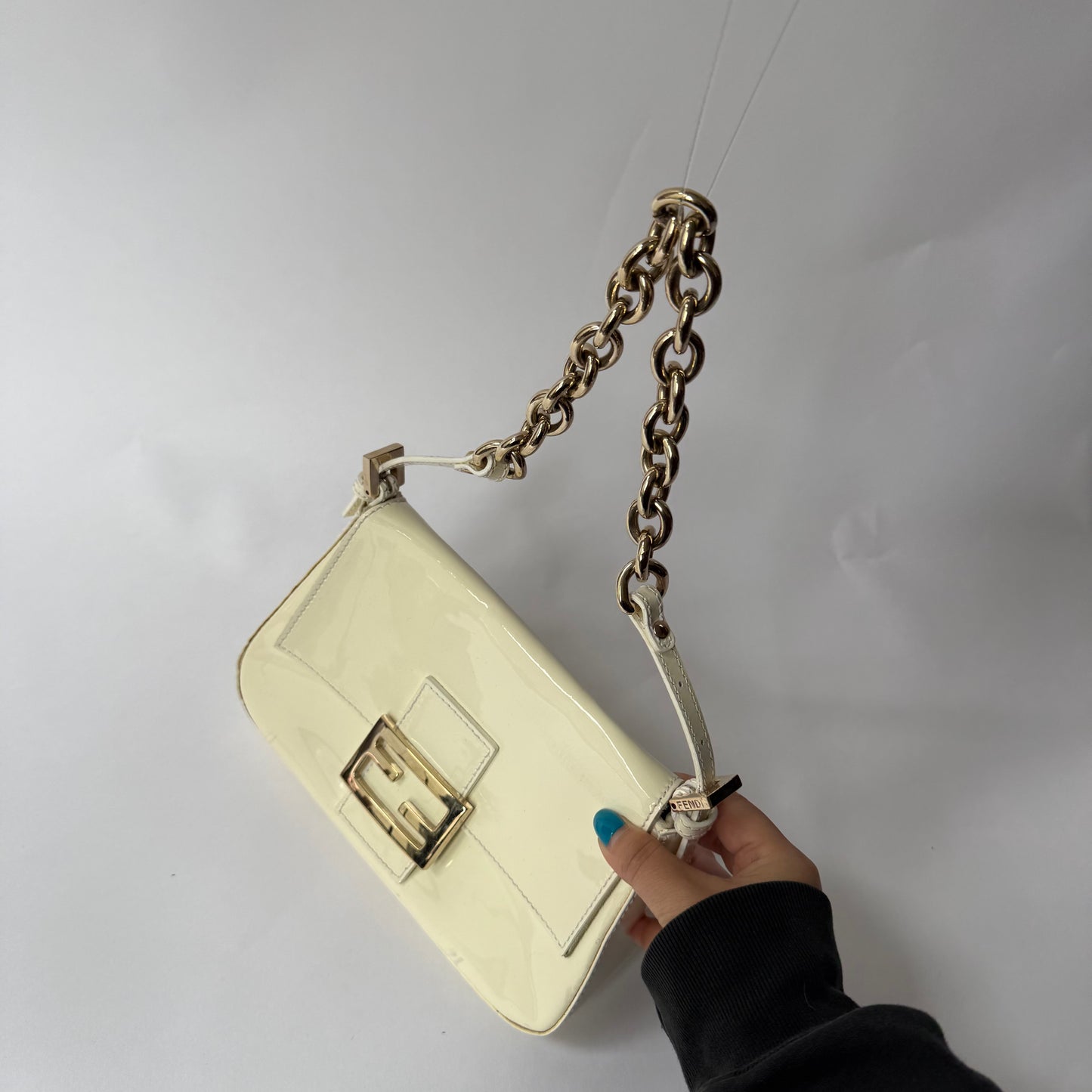 Fendi Cream Patent Leather Mini Mama Baguette w/ Chain Strap