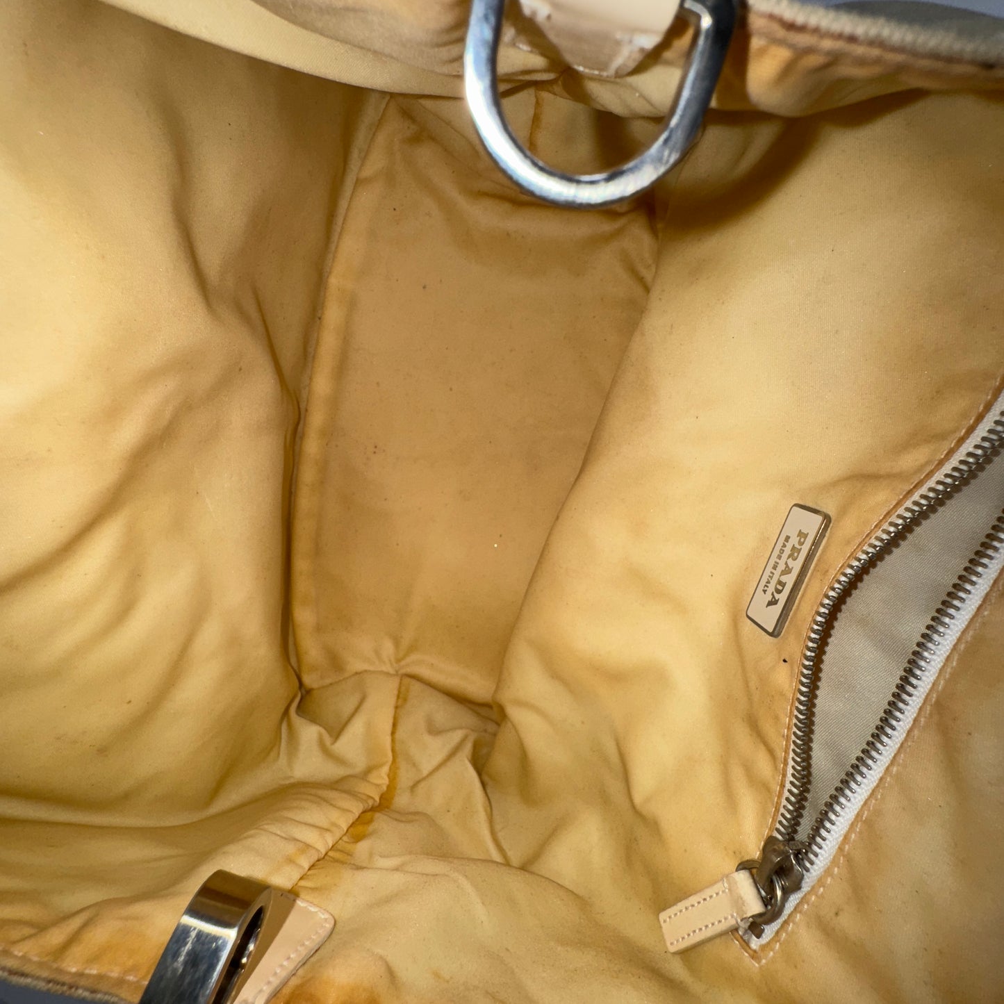 Prada Beige Canvas Metal Top Handle Bag