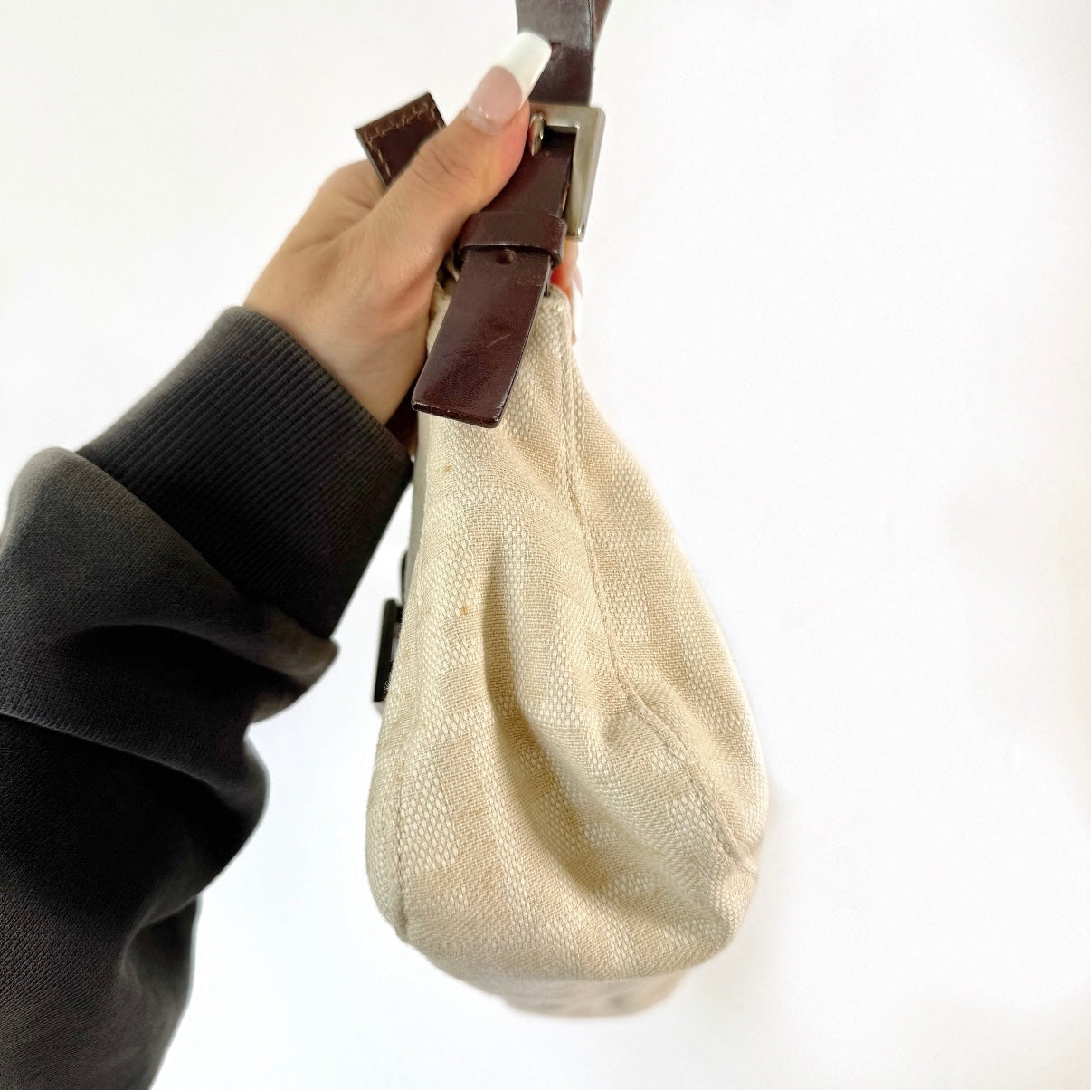 Fendi Cream Canvas Zucca Shoulder Baguette Bag